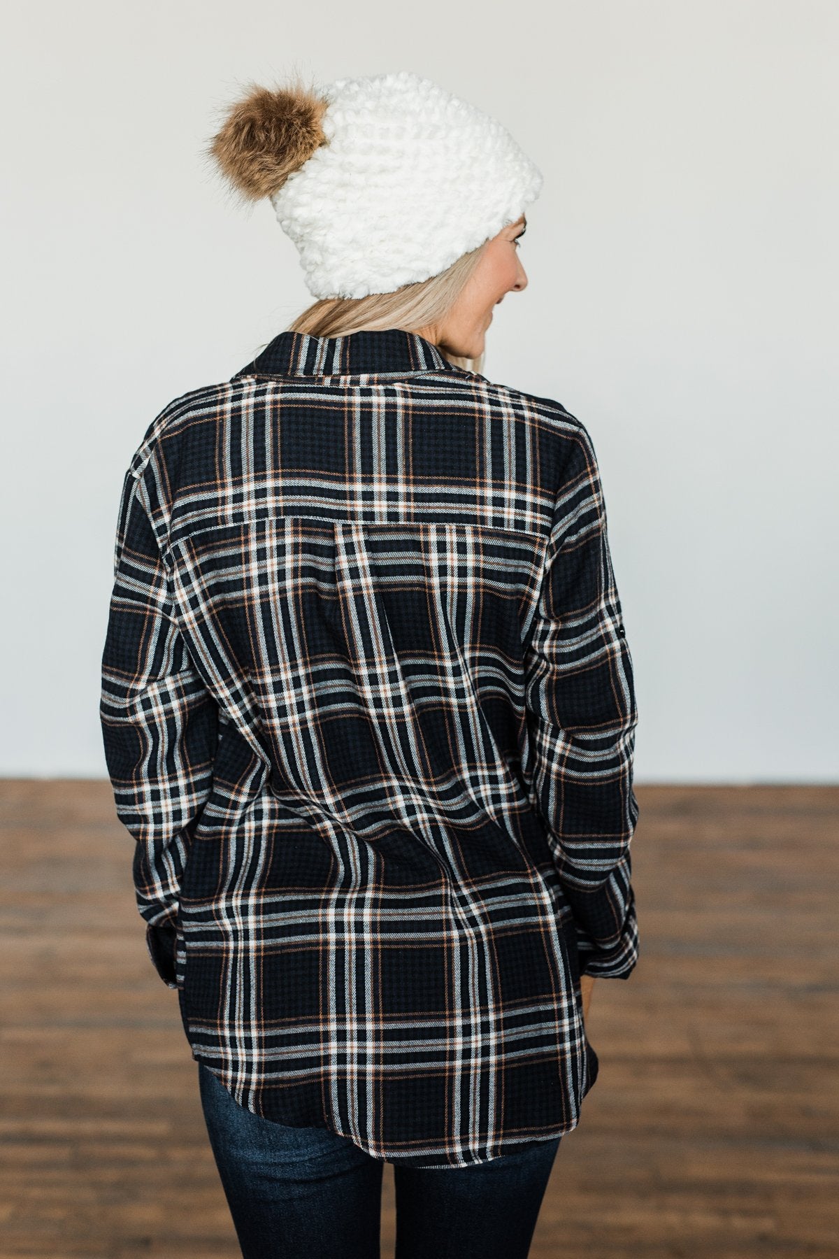 Made Up My Mind Plaid Button Top- Navy & Camel