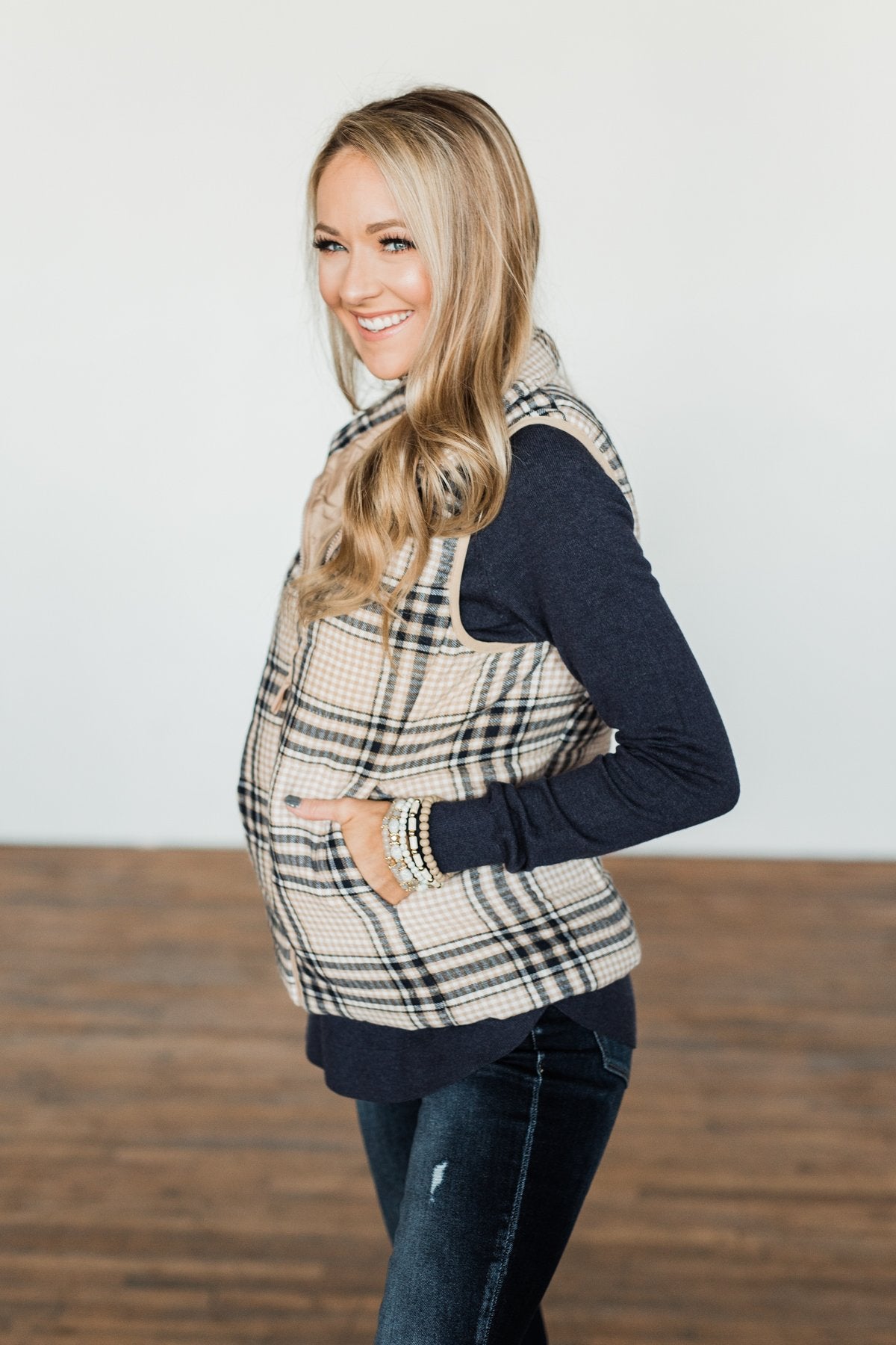 Pretty In Plaid Puffer Vest- Light Taupe & Navy
