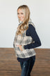 Pretty In Plaid Puffer Vest- Light Taupe & Navy
