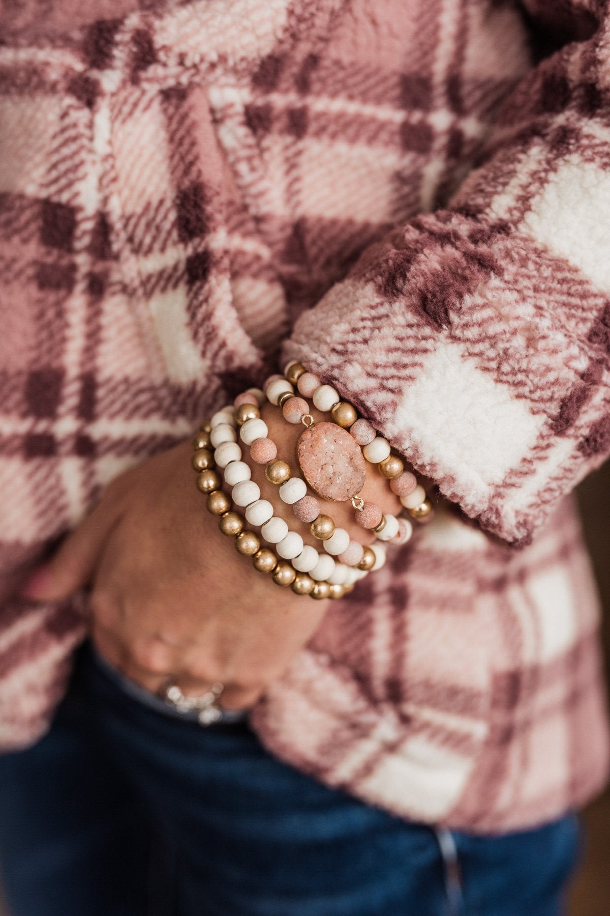 Sensational Smiles Beaded Bracelet Set- Gold & Pink