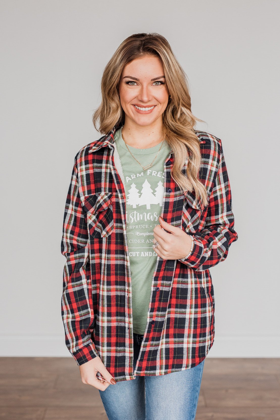 Holiday Wishes Plaid Button Down- Red & Ivory