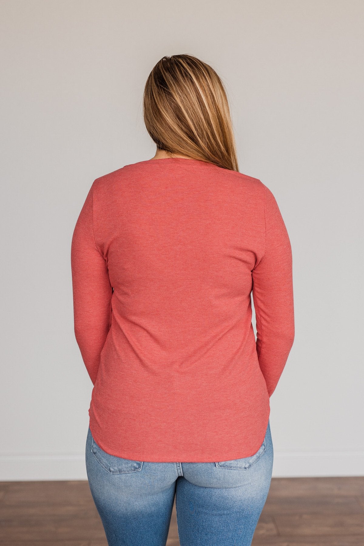 Rise To The Top Long Sleeve Henley Top- Winter Red