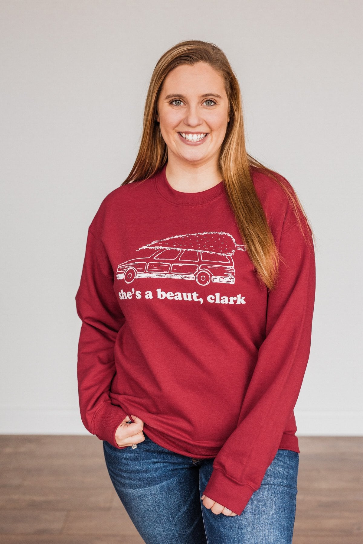 "She's A Beaut, Clark" Graphic Pullover- Cranberry