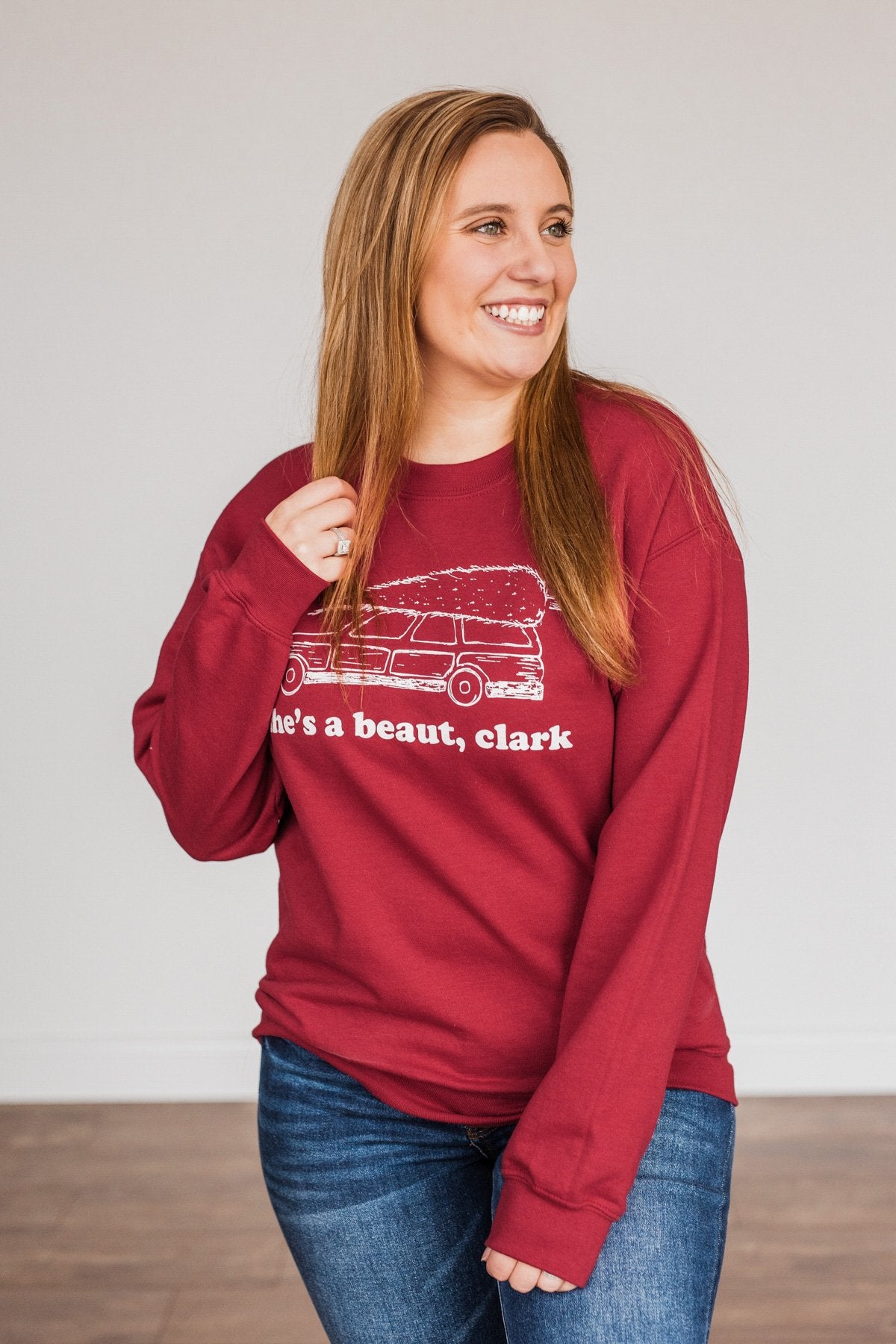 "She's A Beaut, Clark" Graphic Pullover- Cranberry