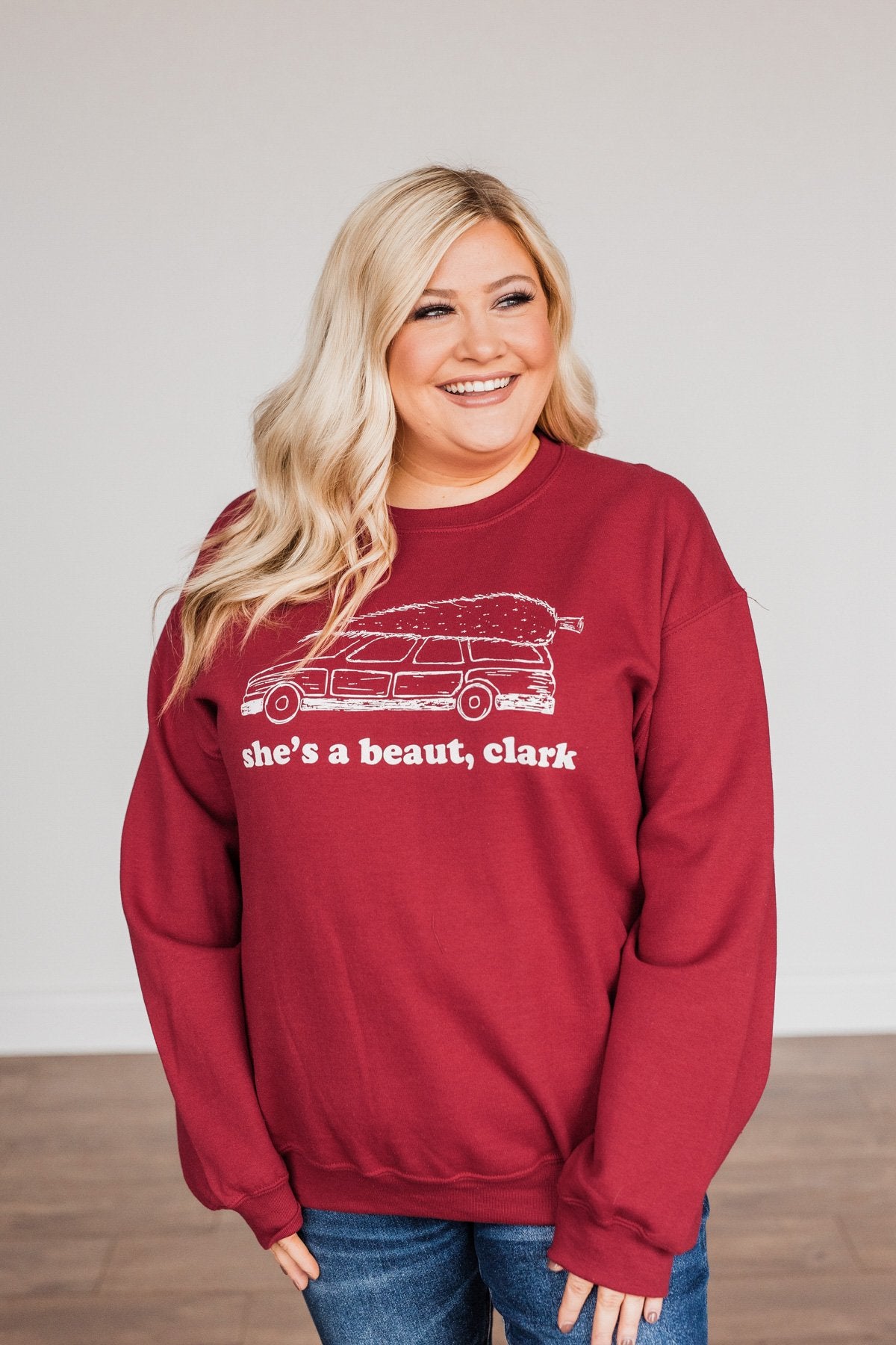 "She's A Beaut, Clark" Graphic Pullover- Cranberry