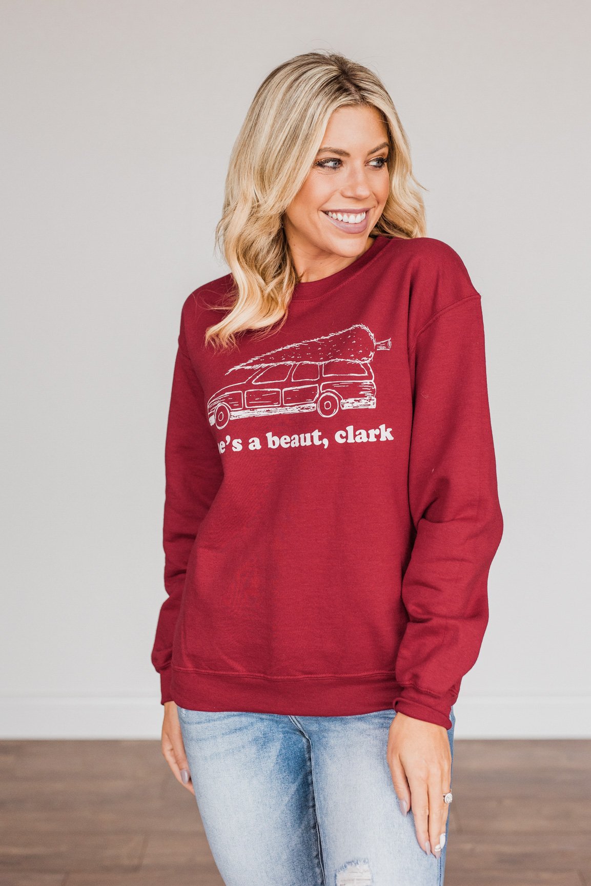 "She's A Beaut, Clark" Graphic Pullover- Cranberry