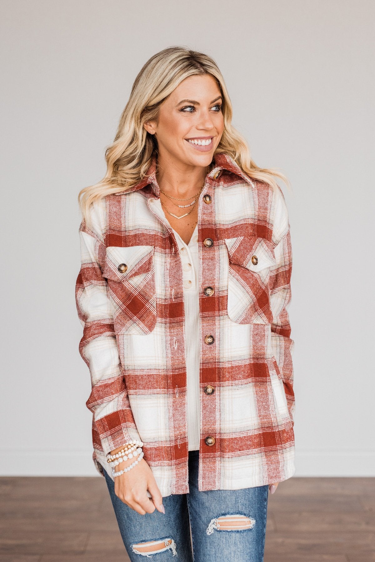 Winter Days Plaid Button Down Jacket- Red & Ivory