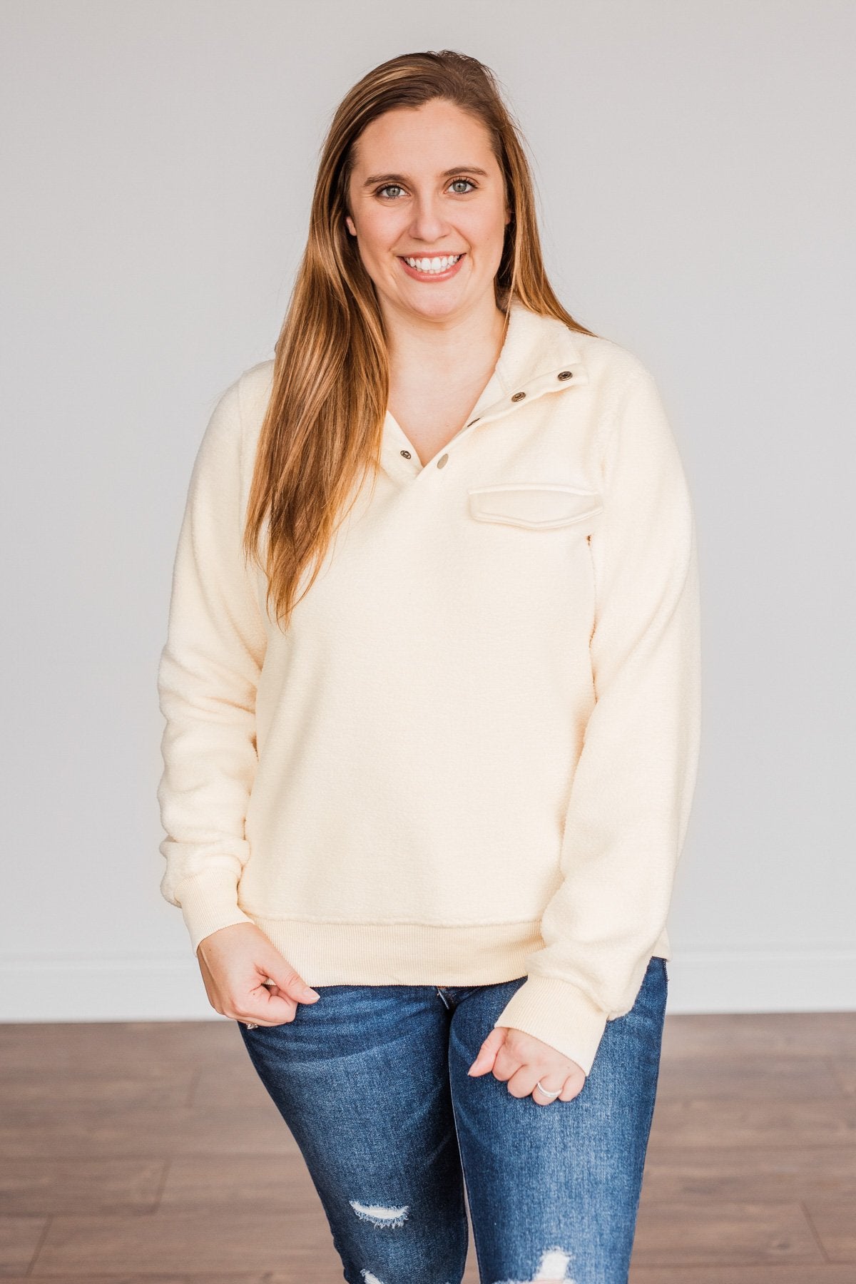 Simple Days Plush Button Pullover- Cream