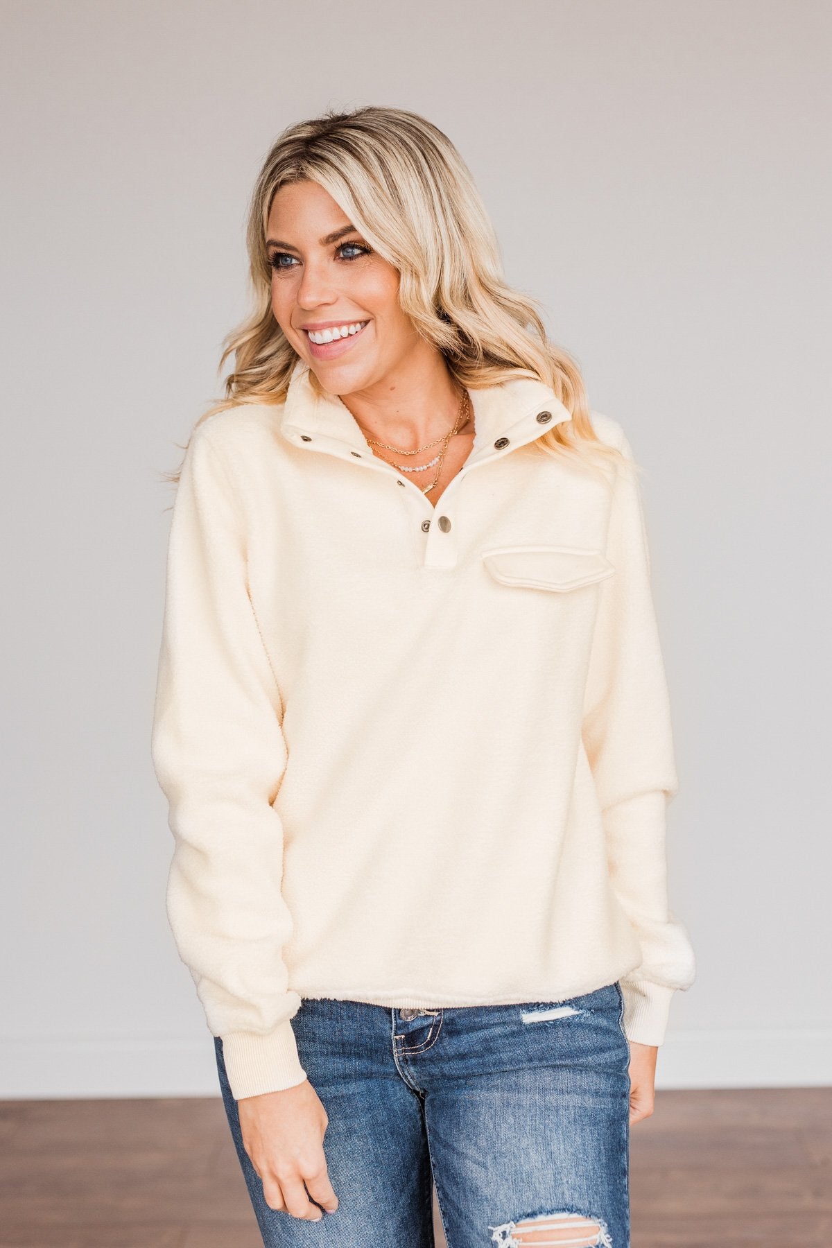 Simple Days Plush Button Pullover- Cream