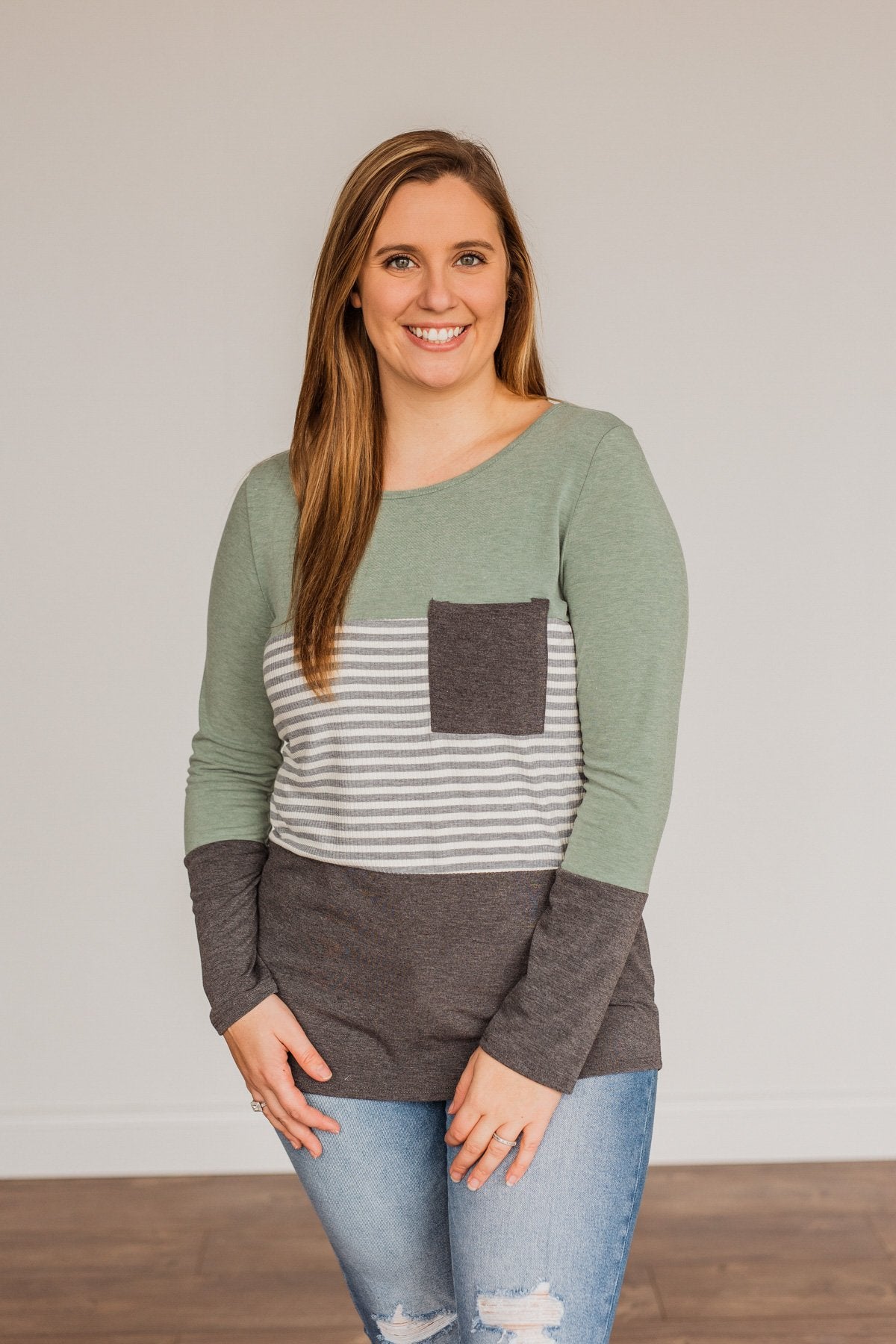 Simple Moments Color Block Top- Sage & Charcoal