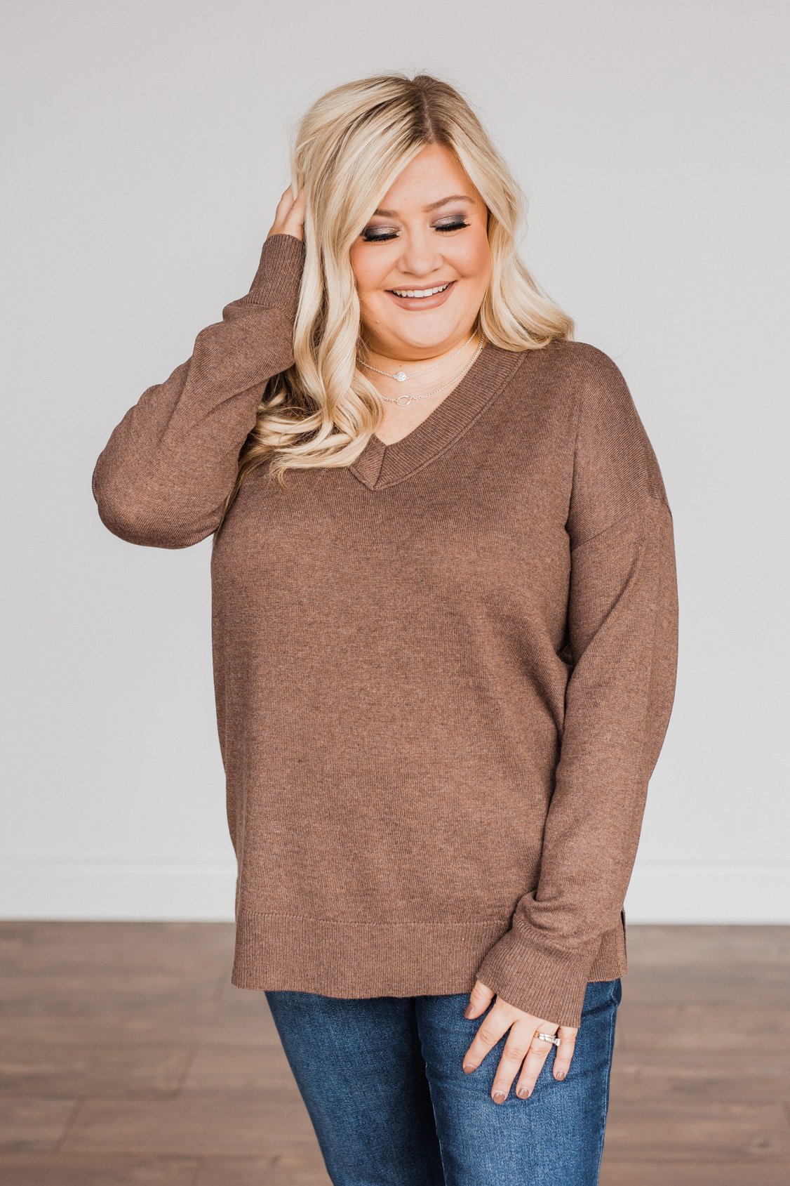 Hot Cocoa Heaven V-Neck Sweater- Dark Mocha