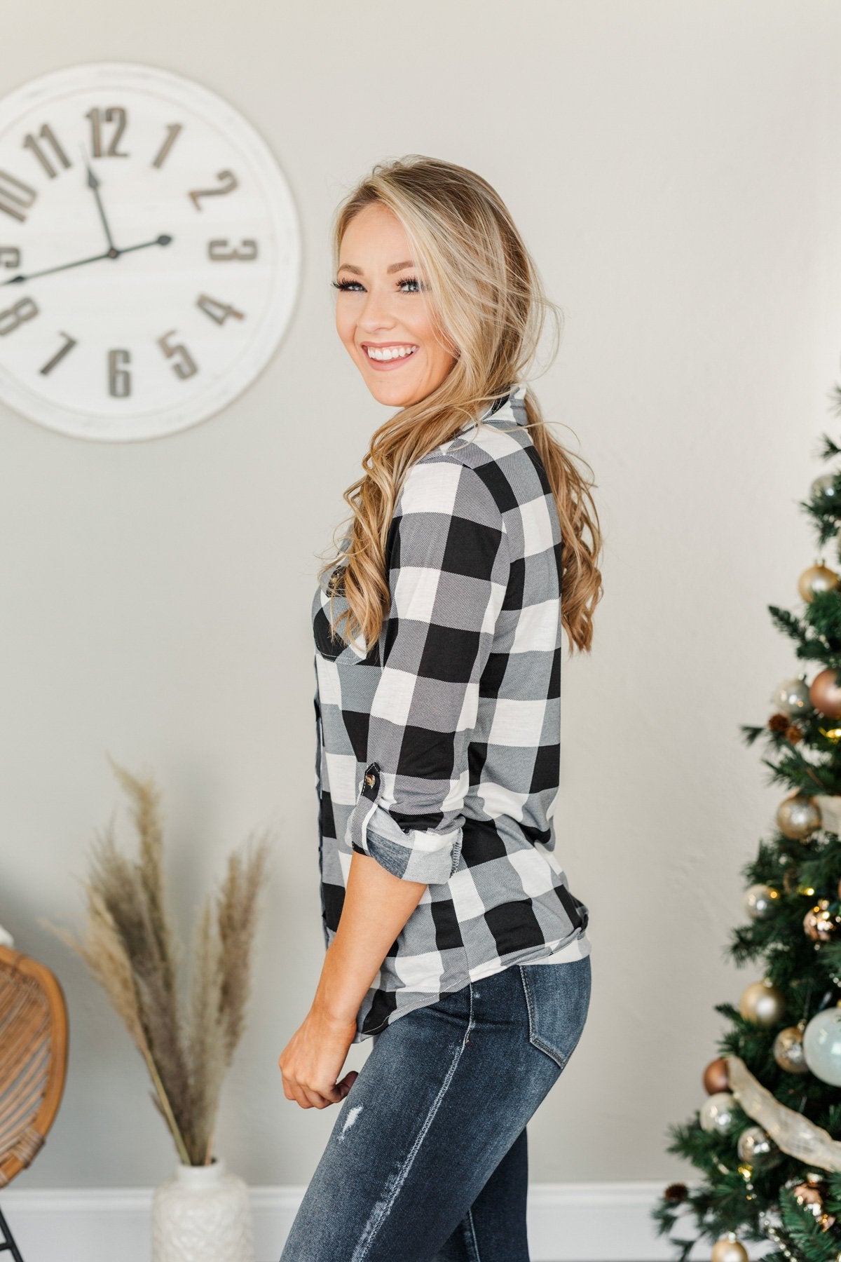 Fall Into The Night Plaid Button Top- Black & White