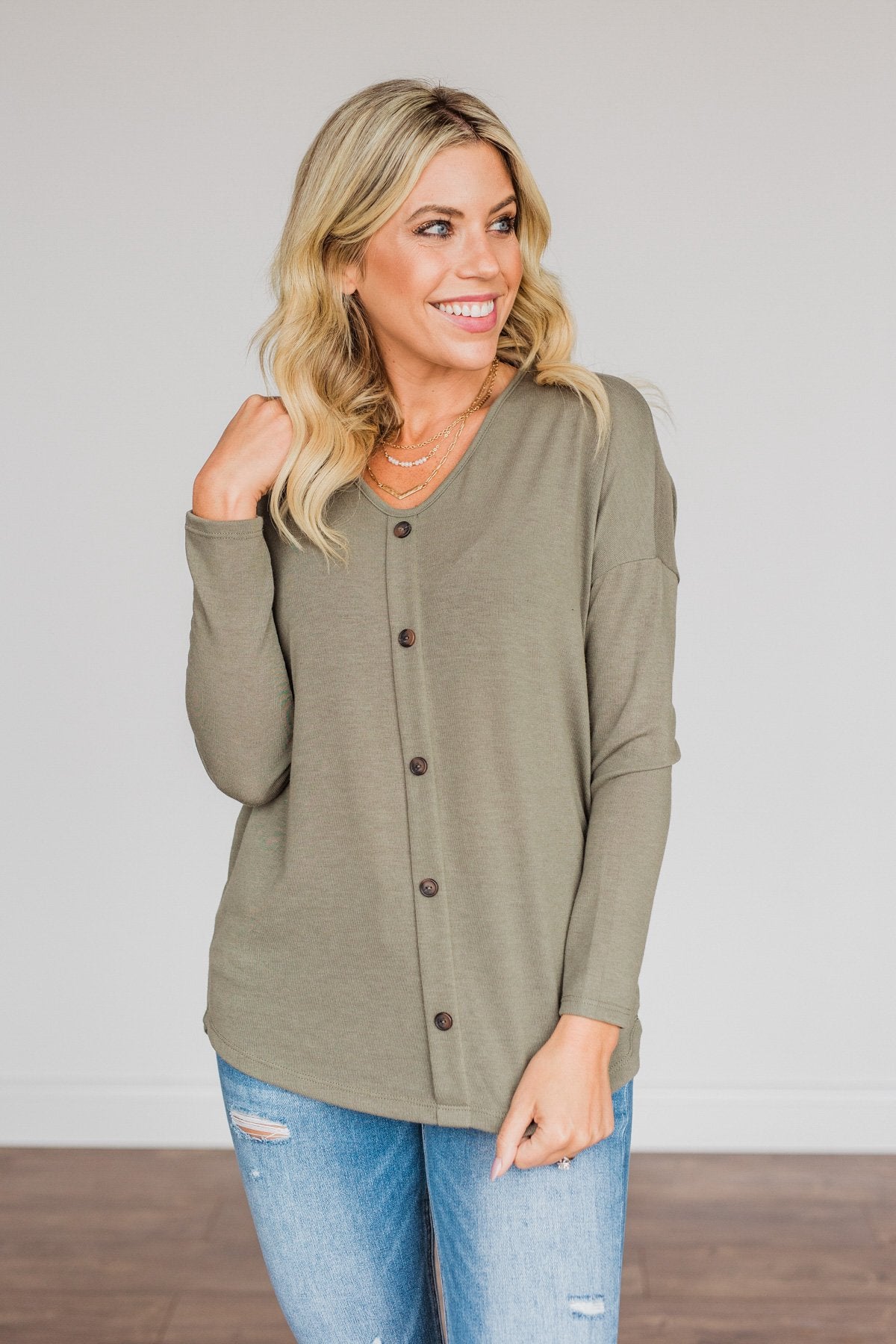 No One Like Me Long Sleeve Button Top- Olive