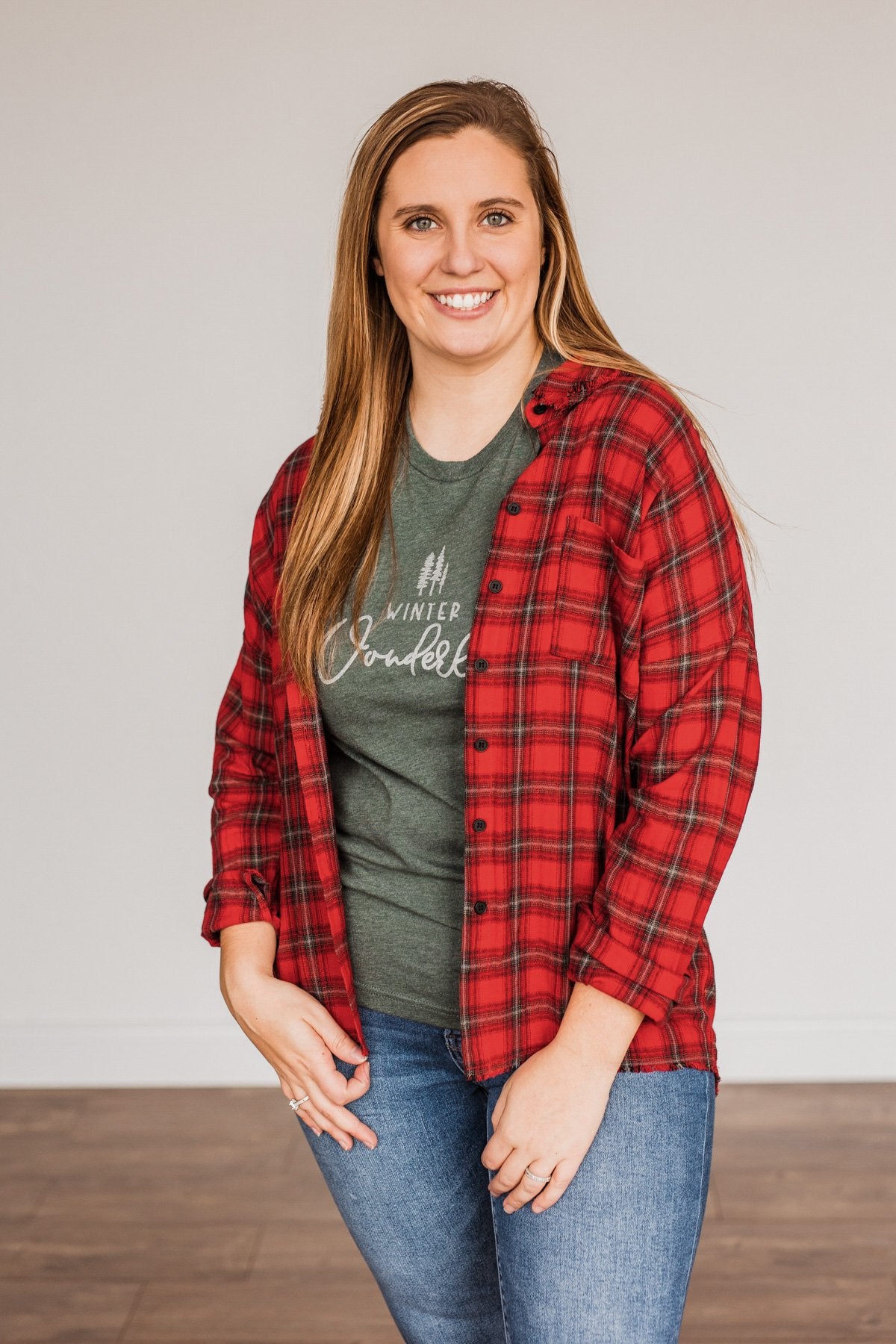 Catching Snowflakes Button Plaid Top- Red