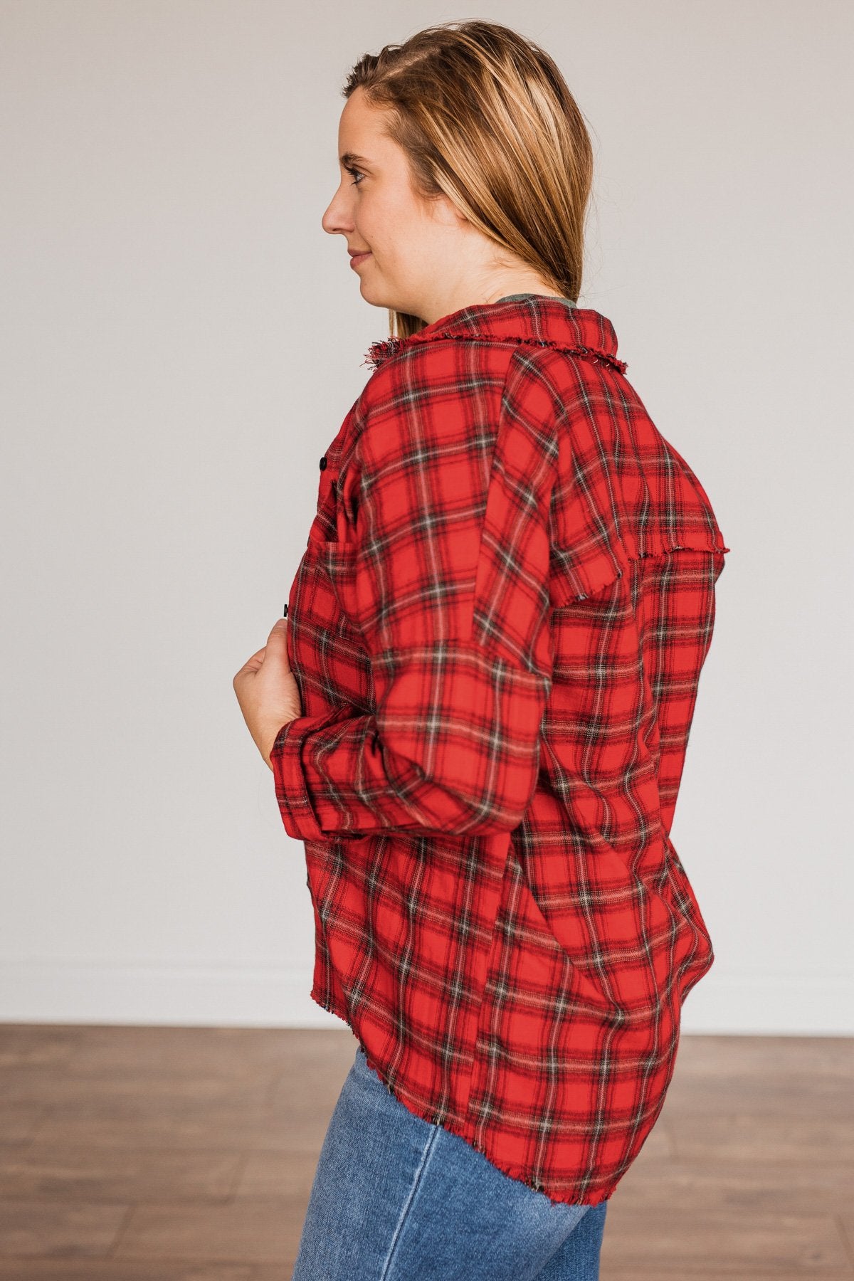 Catching Snowflakes Button Plaid Top- Red