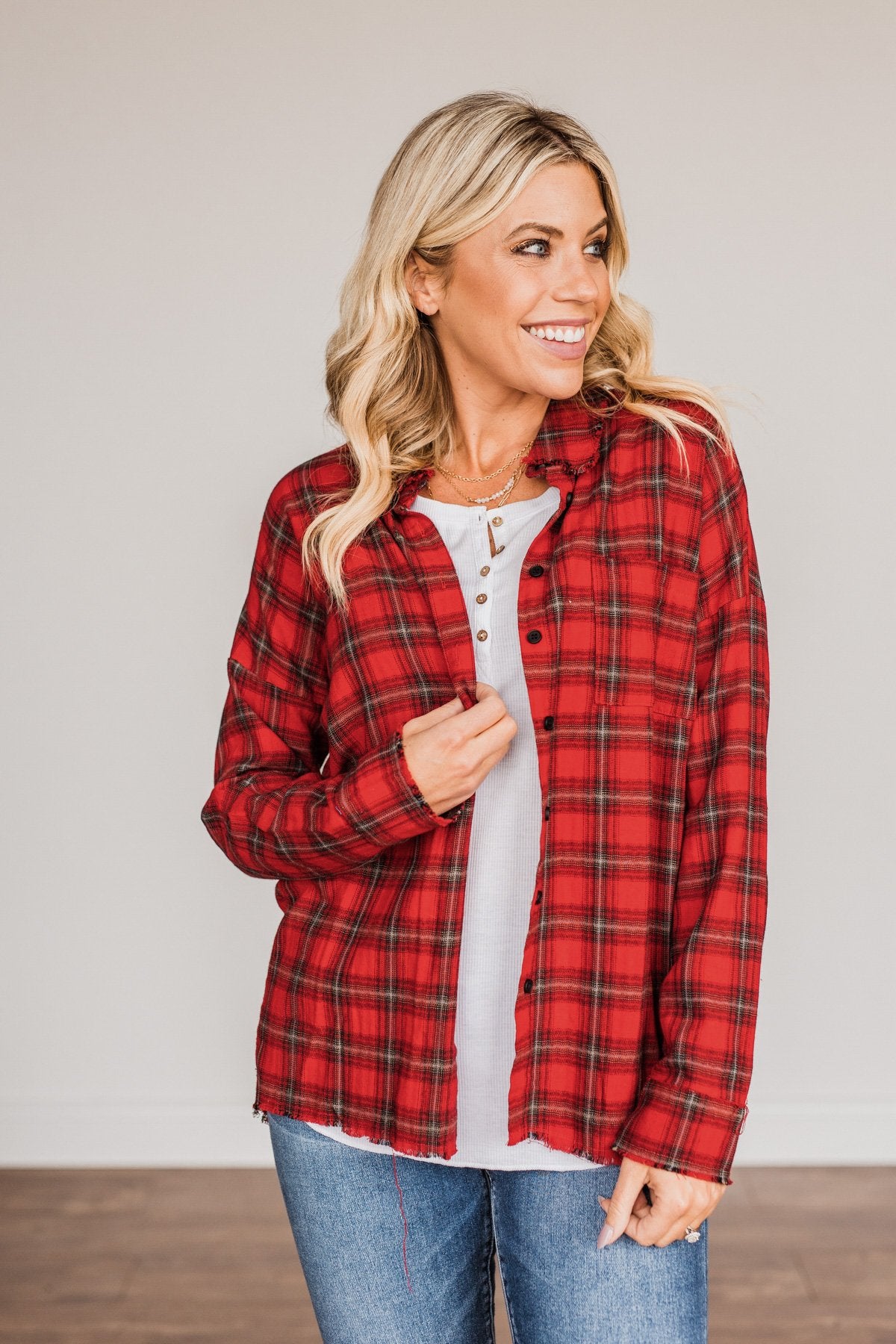 Catching Snowflakes Button Plaid Top- Red