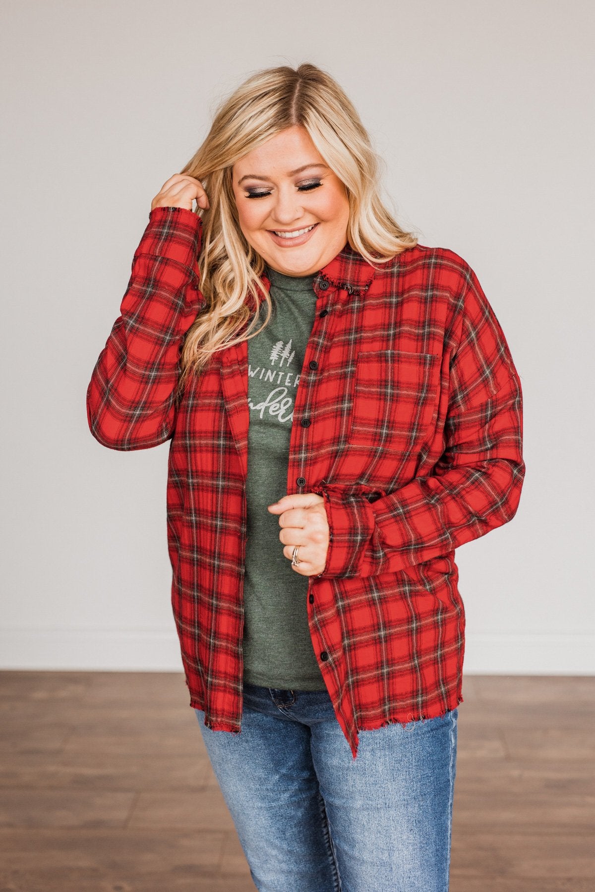 Catching Snowflakes Button Plaid Top- Red