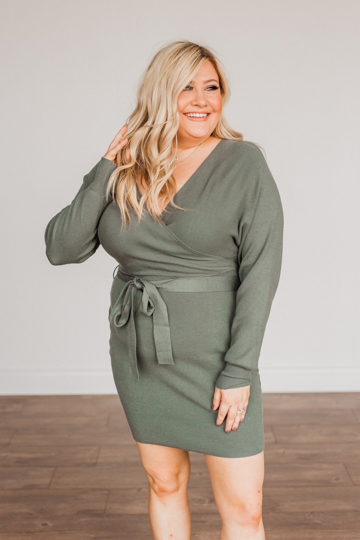 Feeling Smitten Long Sleeve Knit Dress- Olive