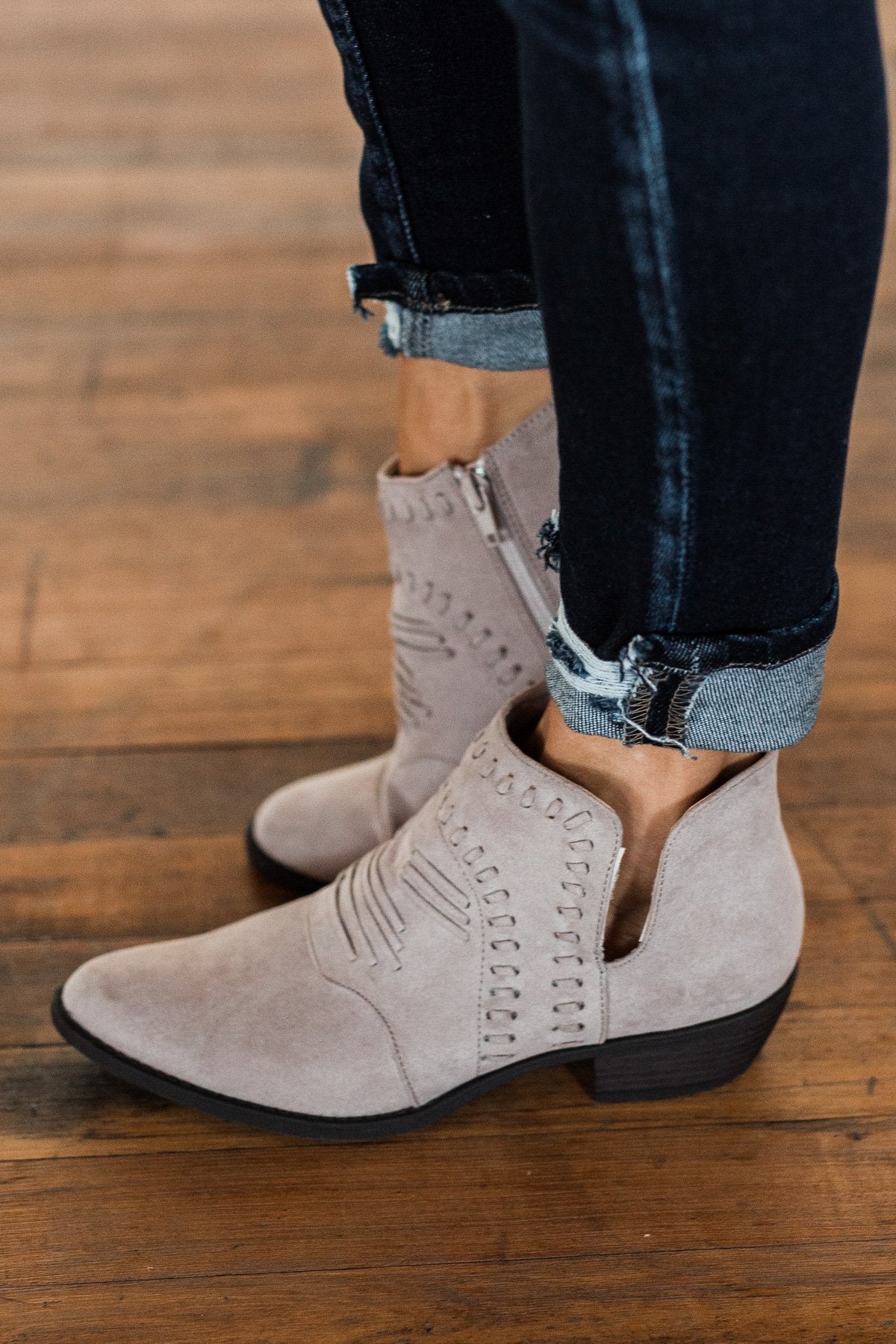 Qupid Sochi Booties- Taupe Suede