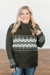 Snowflake Smiles Knit Turtle Neck Sweater- Army Green