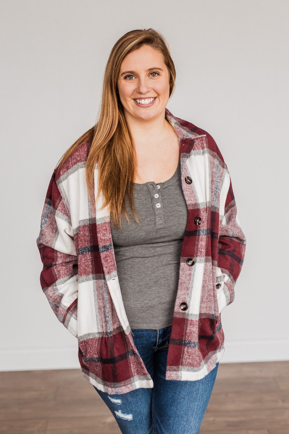 Winter Blessing Plaid Jacket- Burgundy & Ivory