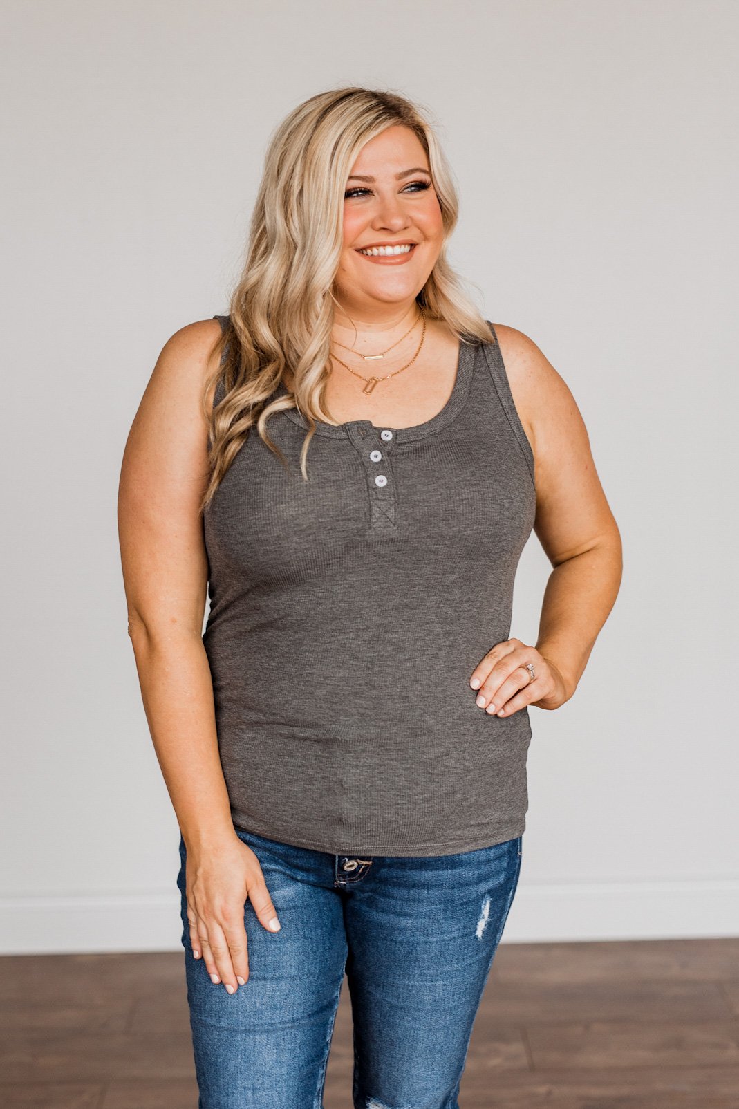 Uplifting Spirits Button Henley Tank Top- Charcoal