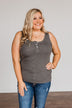 Uplifting Spirits Button Henley Tank Top- Charcoal