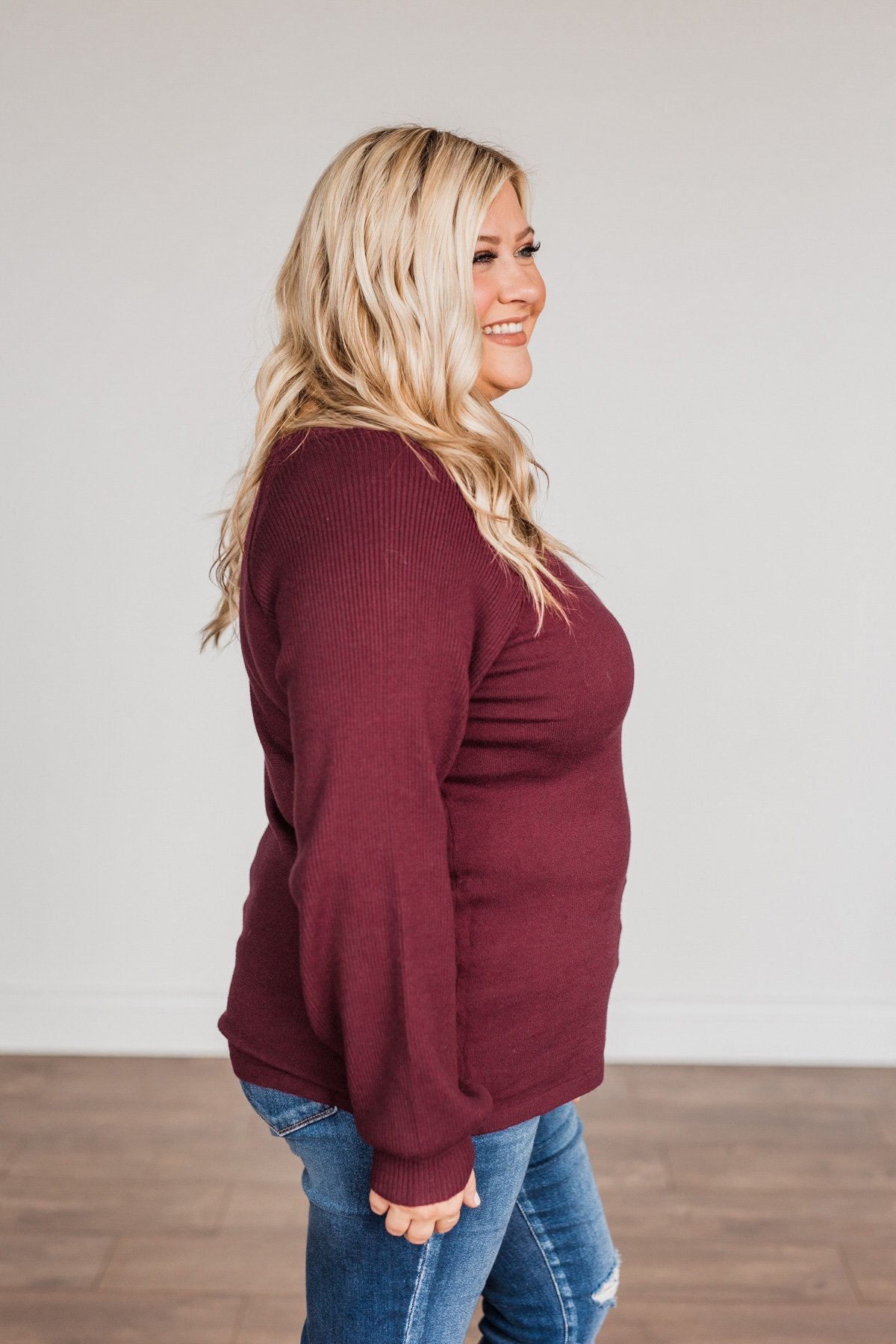 Walk In The Woods Balloon Sleeve Sweater- Wine