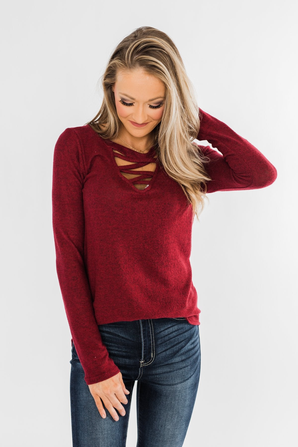 Never Ending Smiles Criss Cross Top- Burgundy