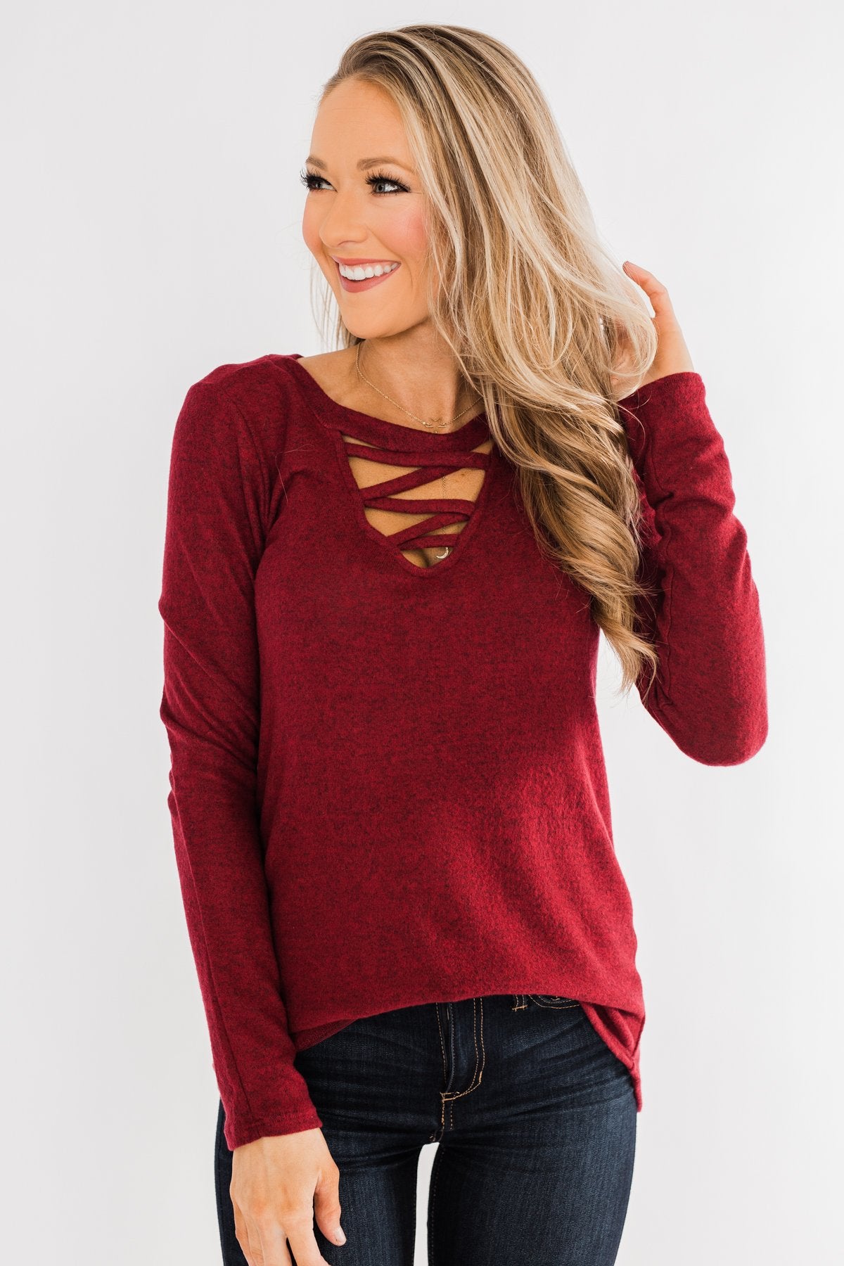 Never Ending Smiles Criss Cross Top- Burgundy