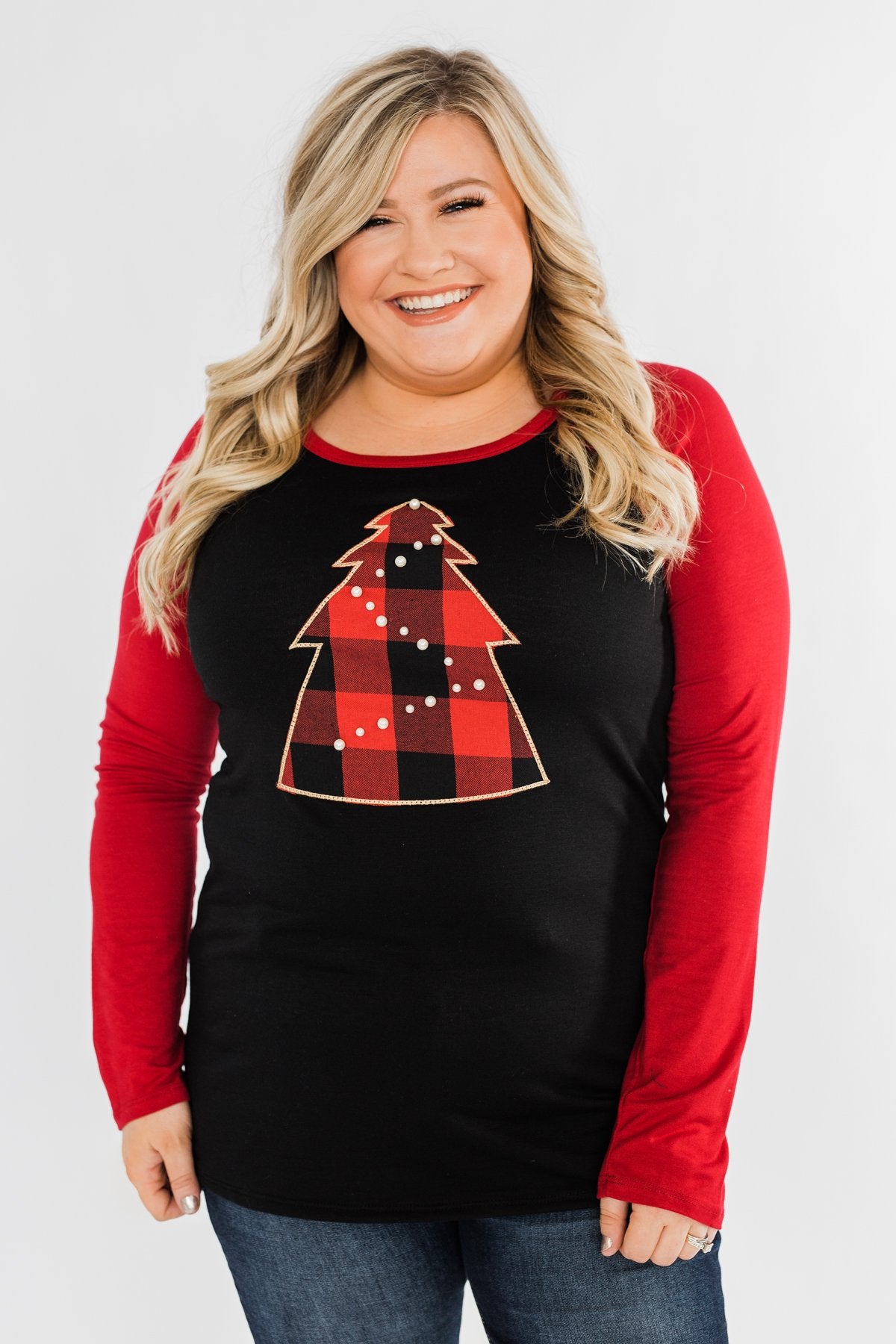 Around The Christmas Tree Graphic Top- Black & Holiday Red