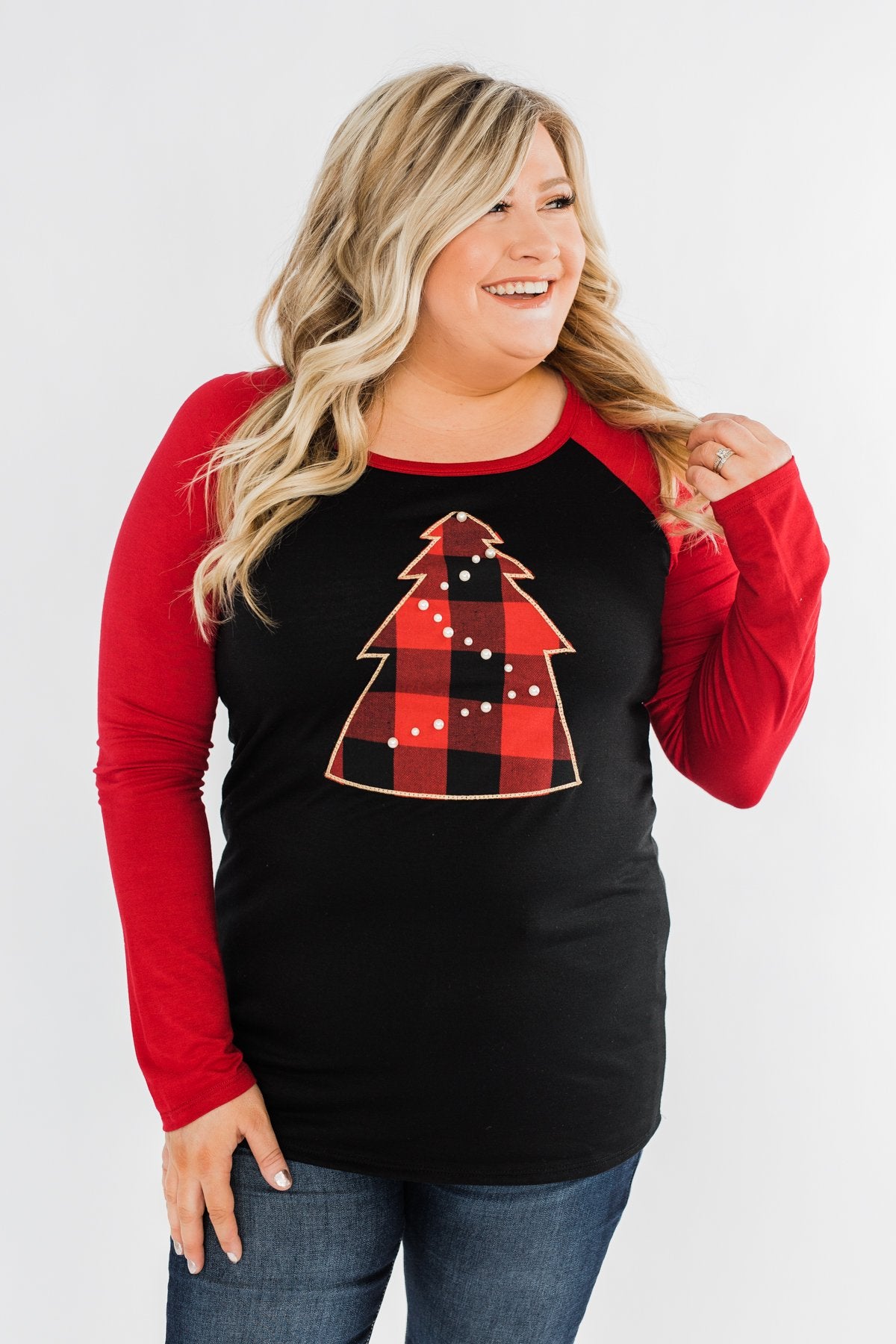 Around The Christmas Tree Graphic Top- Black & Holiday Red