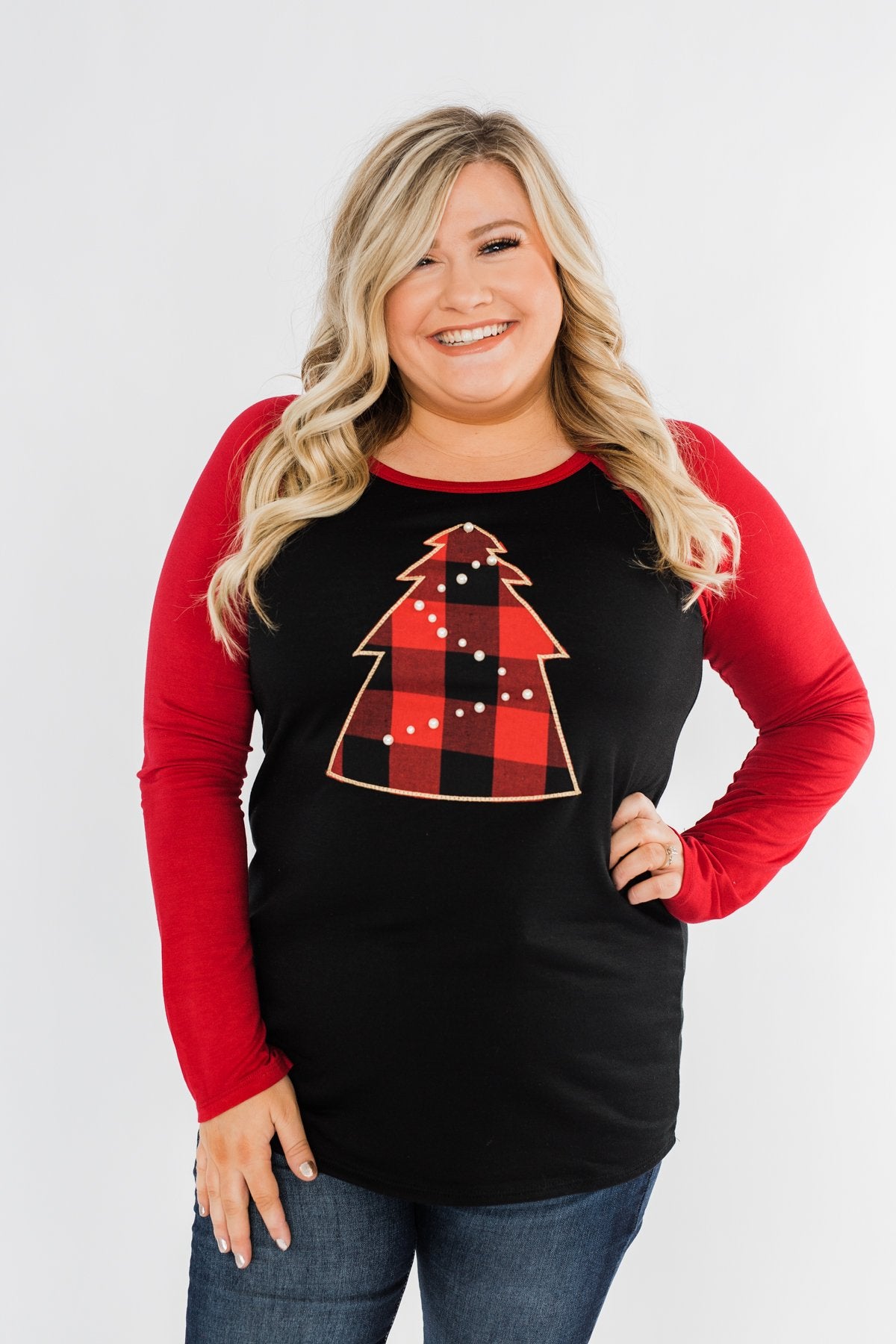 Around The Christmas Tree Graphic Top- Black & Holiday Red