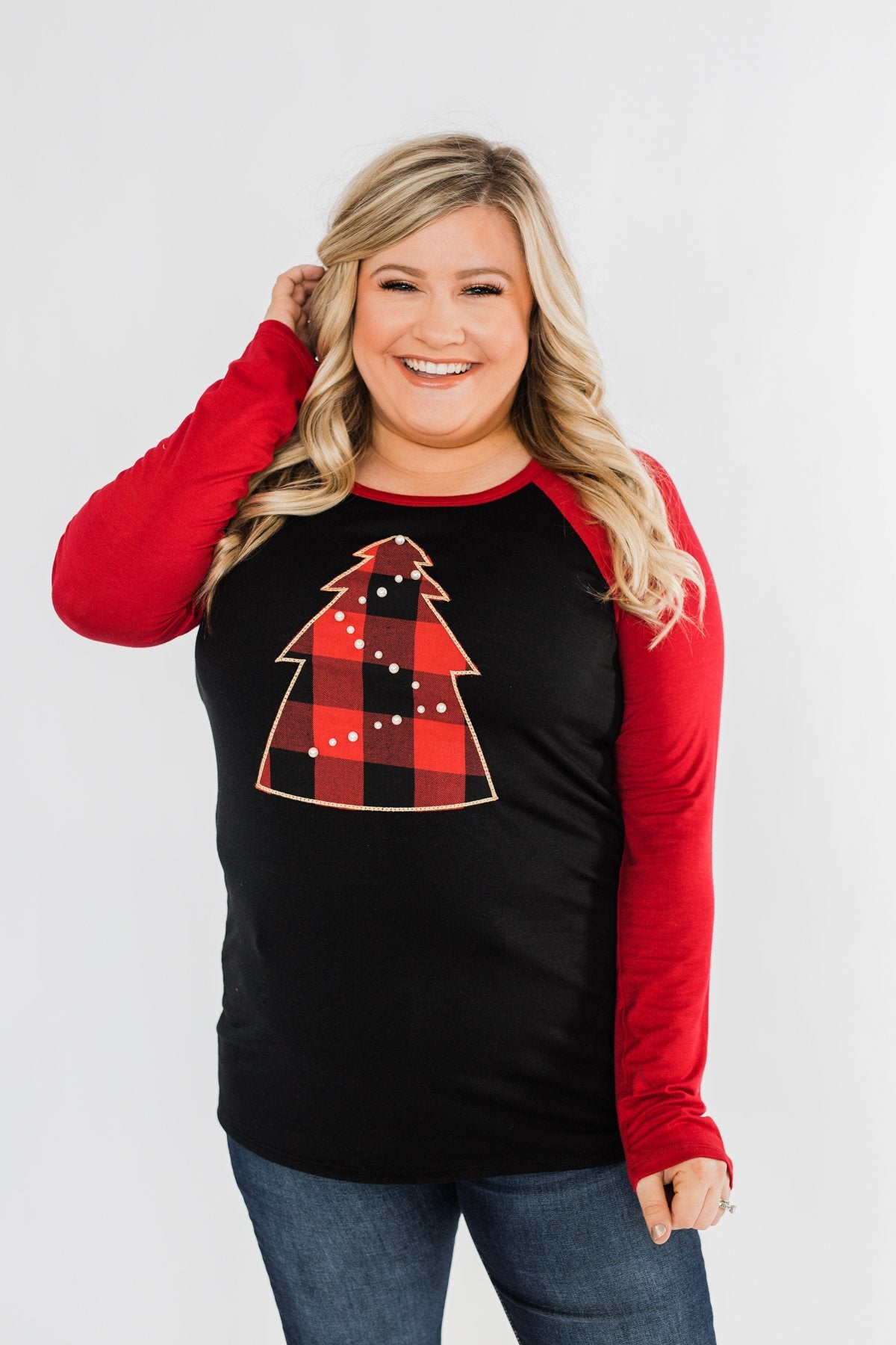 Around The Christmas Tree Graphic Top- Black & Holiday Red