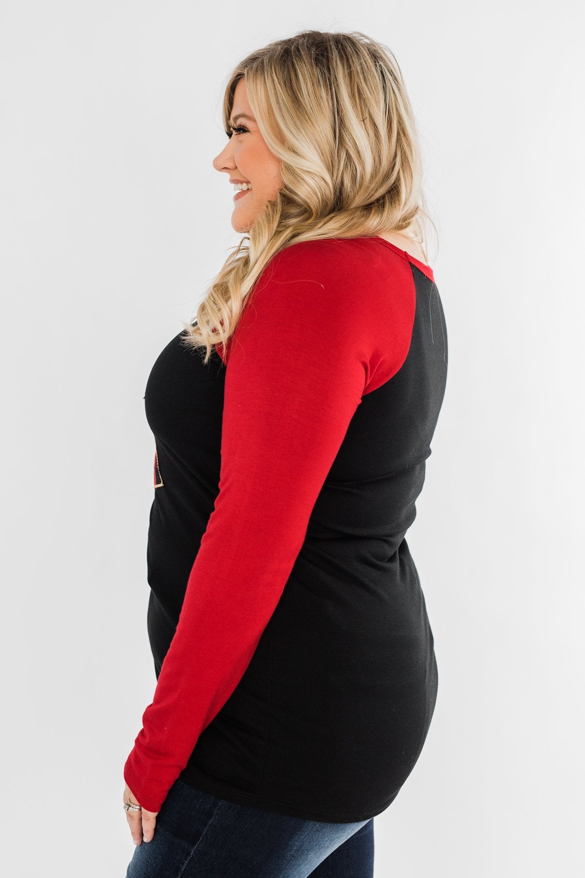 Around The Christmas Tree Graphic Top- Black & Holiday Red