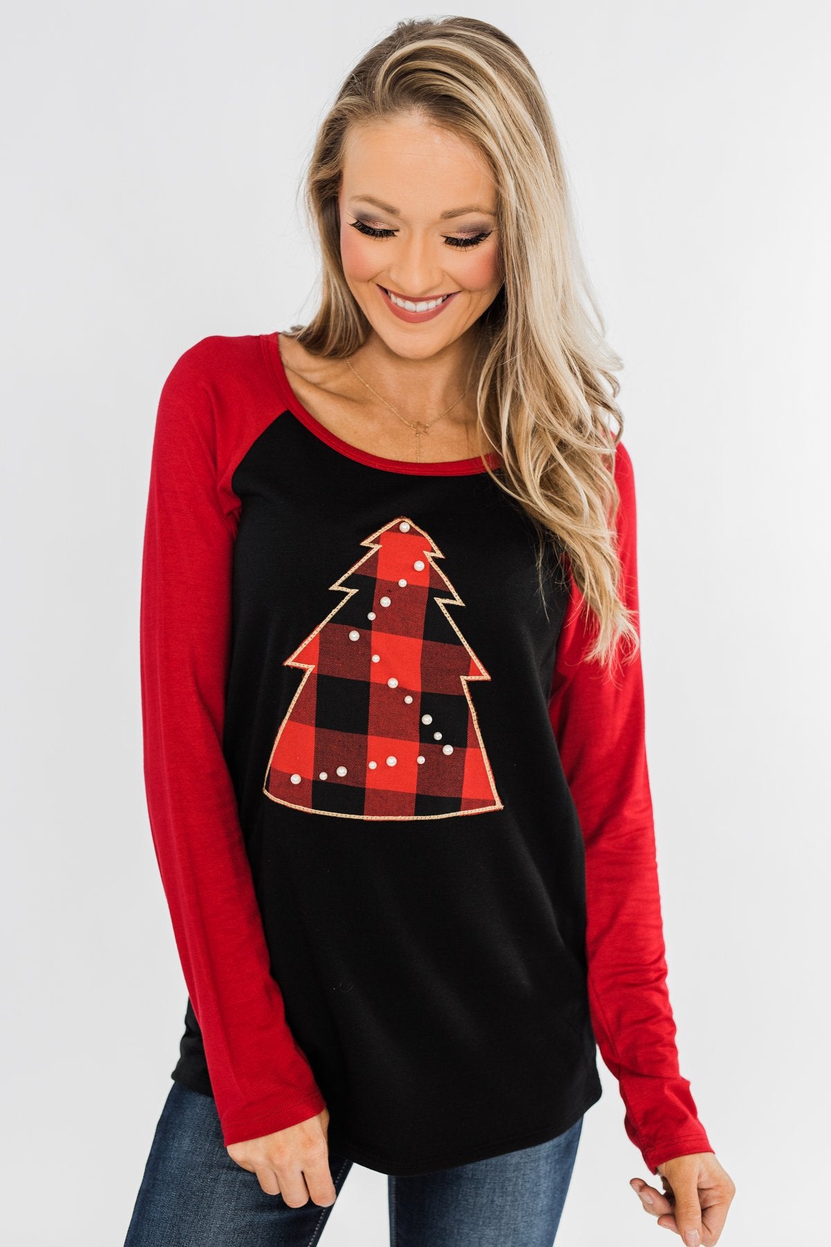 Around The Christmas Tree Graphic Top- Black & Holiday Red