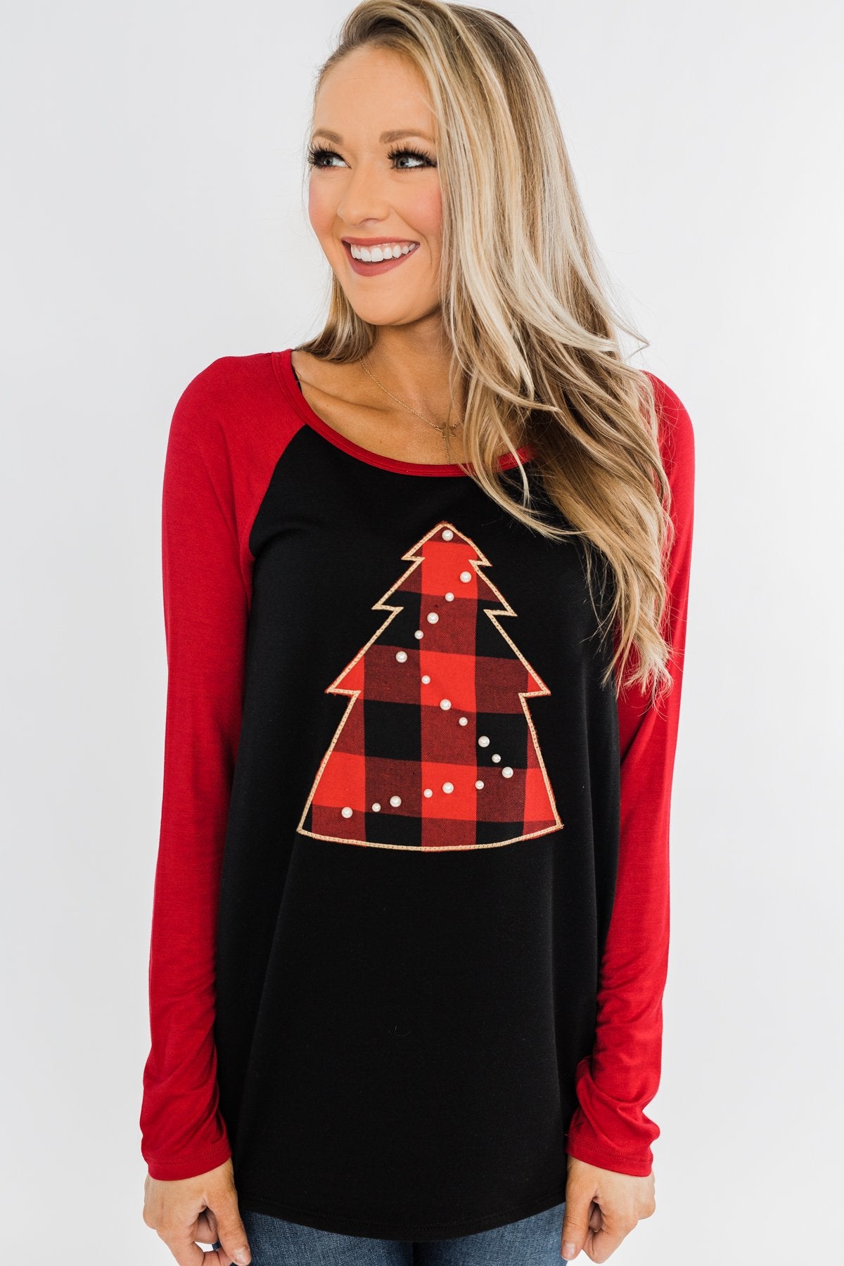 Around The Christmas Tree Graphic Top- Black & Holiday Red