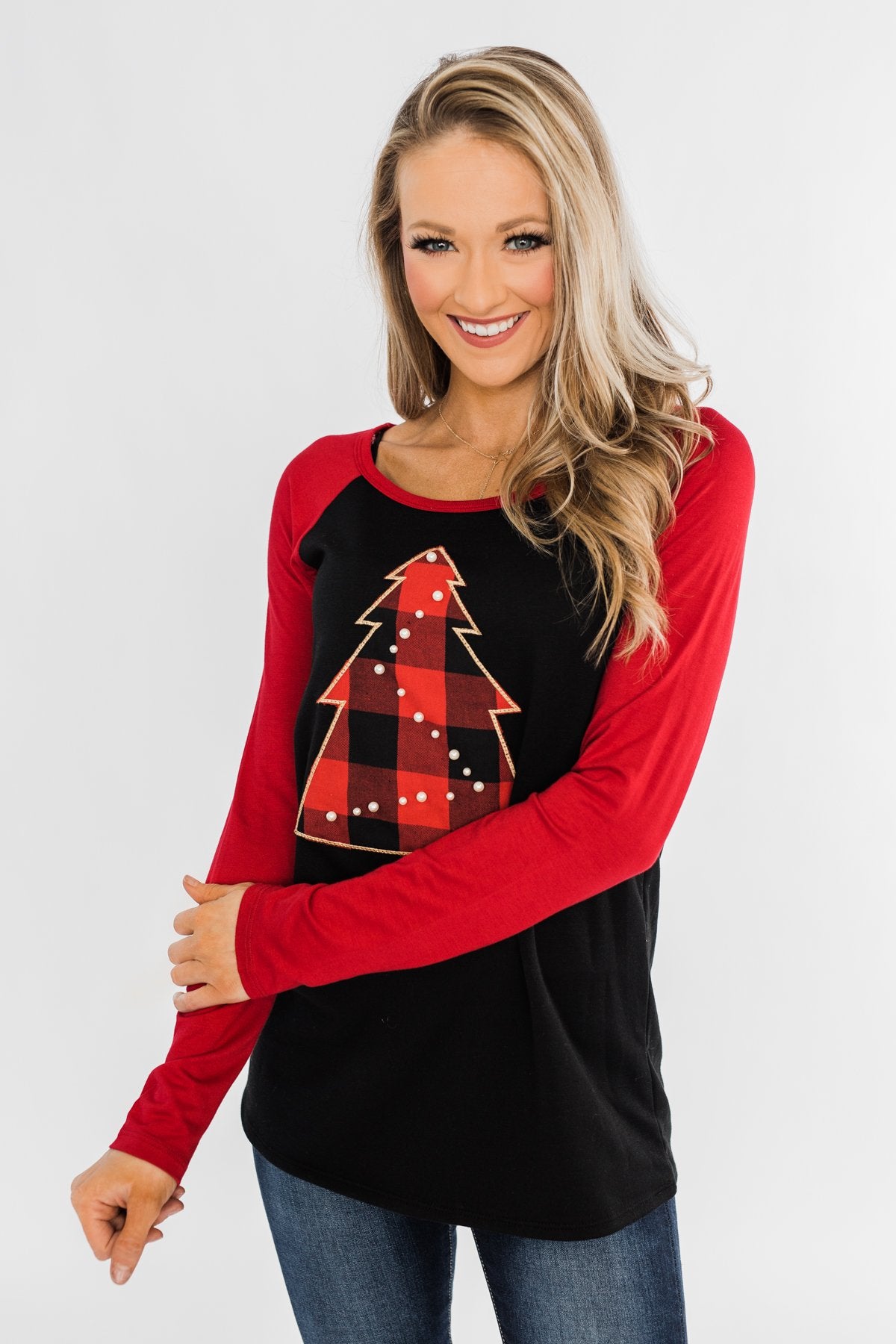 Around The Christmas Tree Graphic Top- Black & Holiday Red