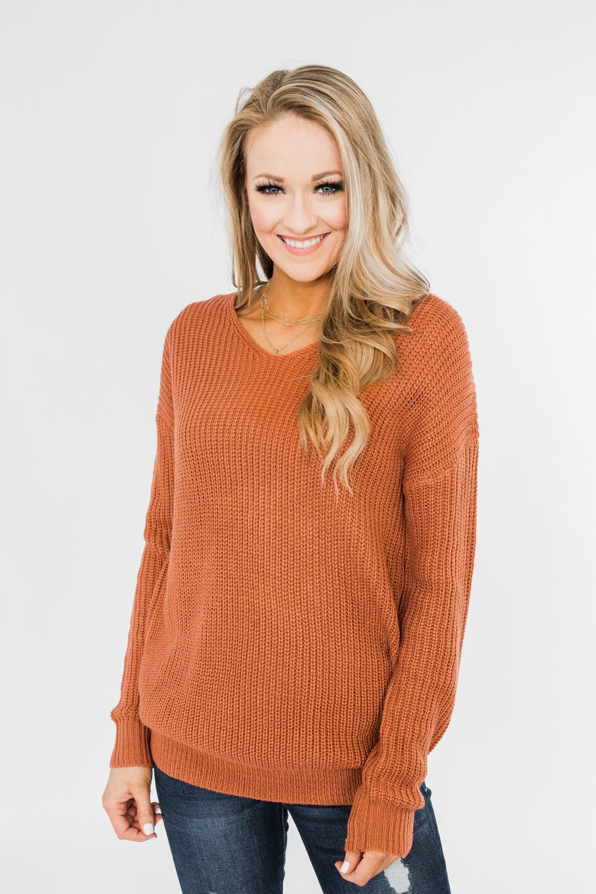 Xoxo Open Back Twist Sweater- Rust