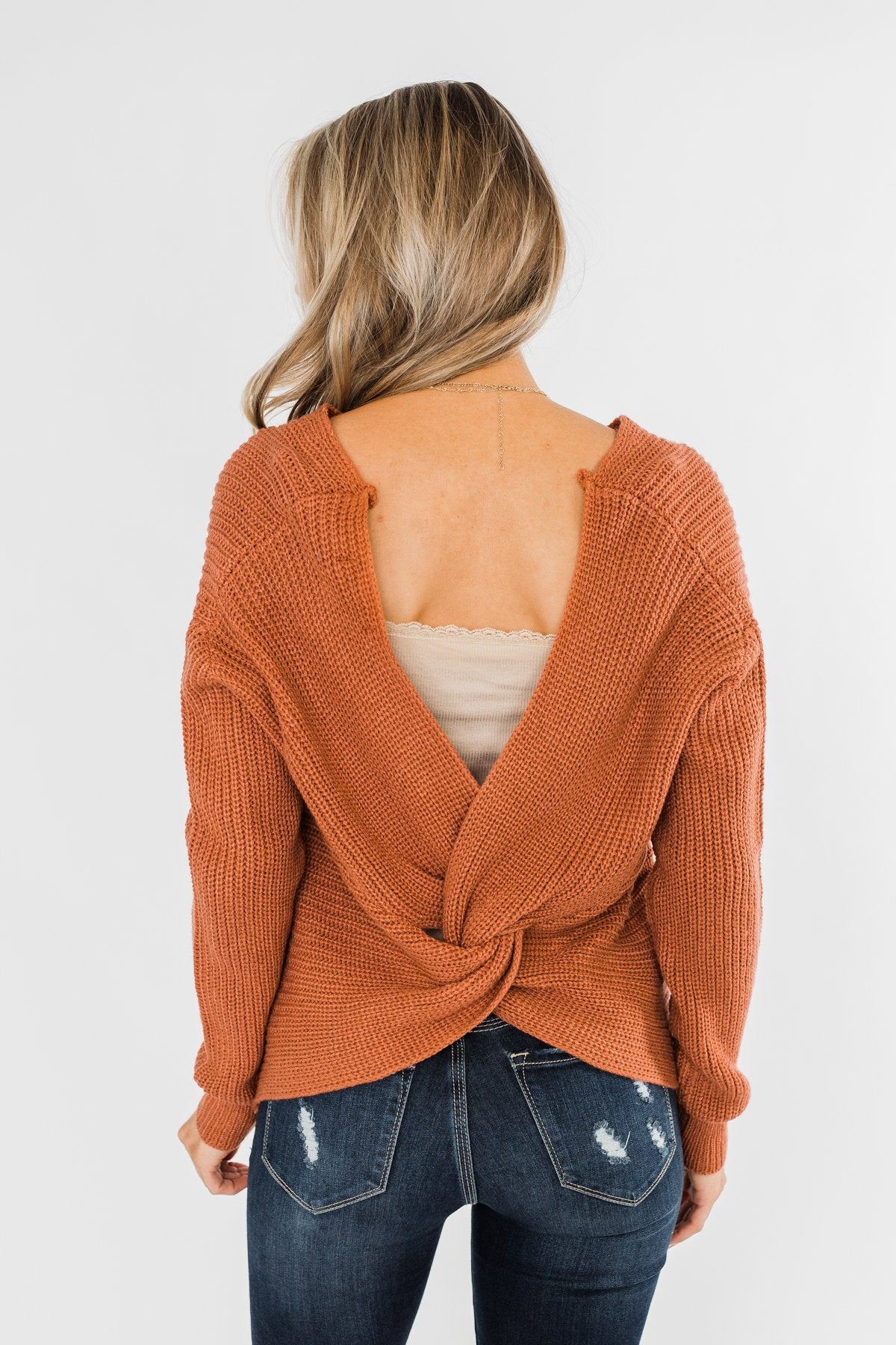 Xoxo Open Back Twist Sweater- Rust