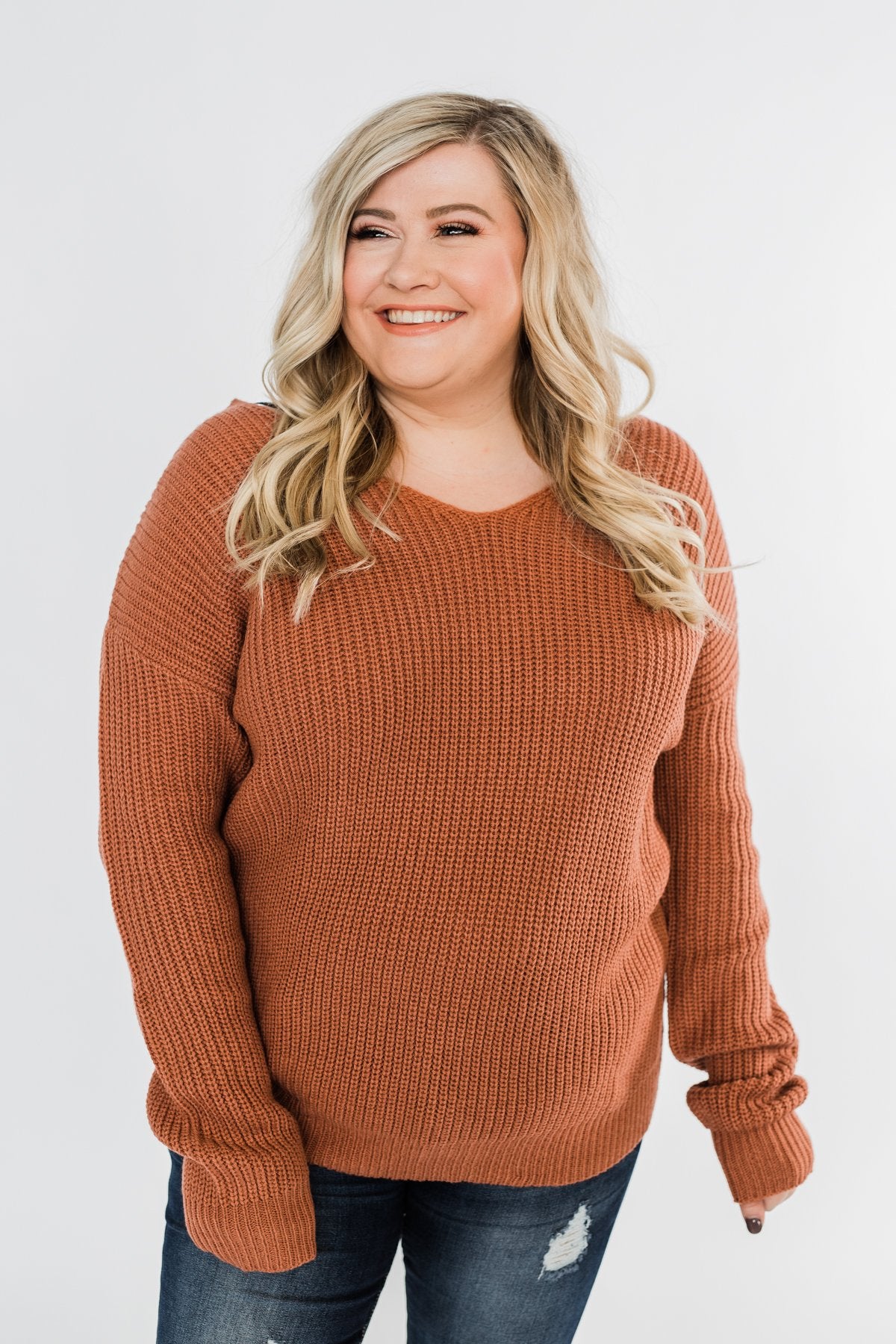 Xoxo Open Back Twist Sweater- Rust