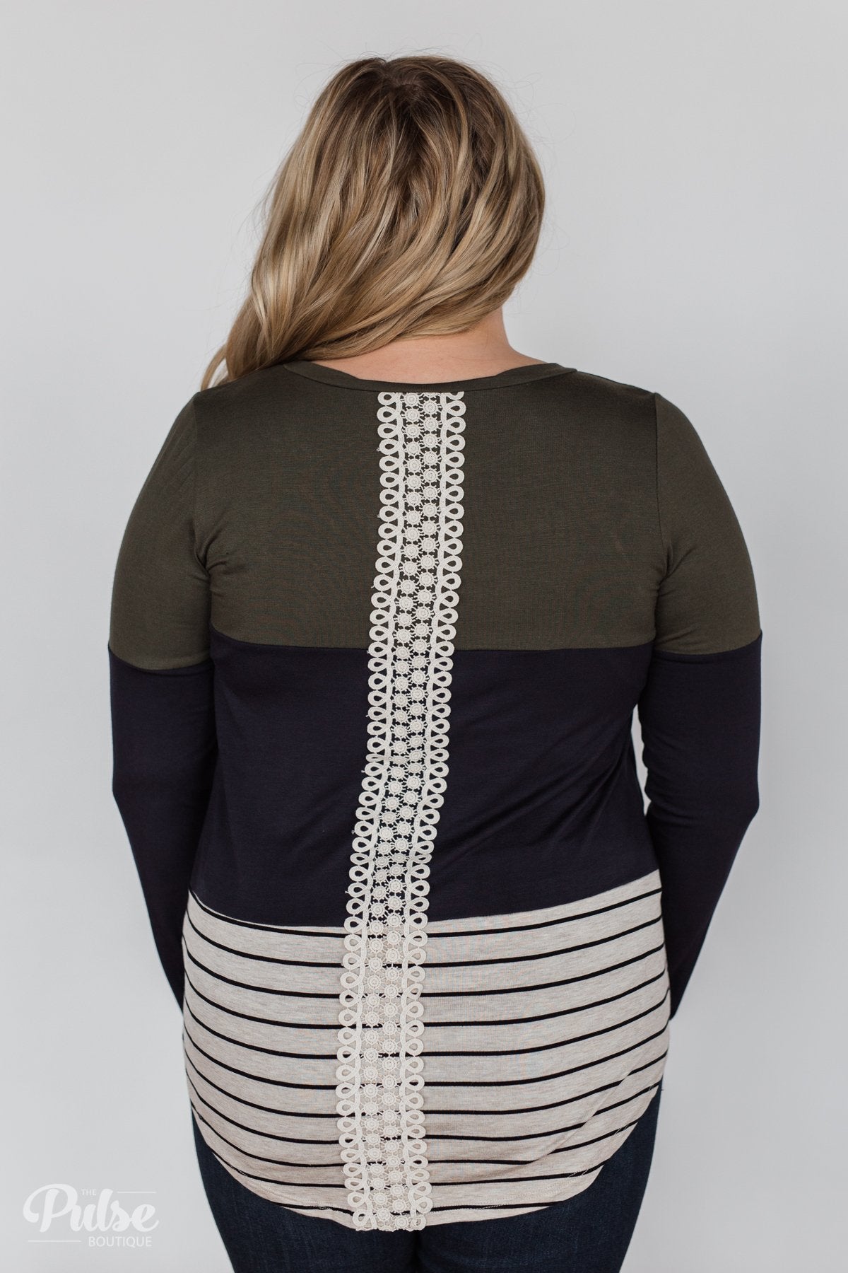 Party in the Back Lace Detail Top- Olive & Navy