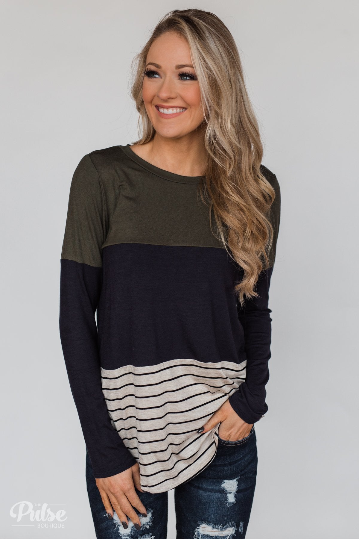 Party in the Back Lace Detail Top- Olive & Navy