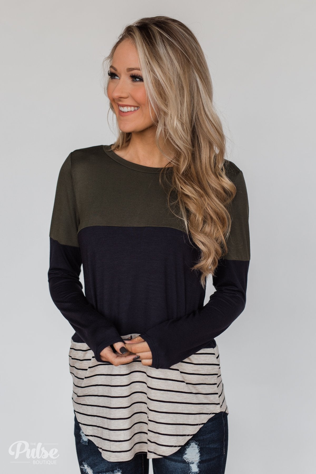 Party in the Back Lace Detail Top- Olive & Navy
