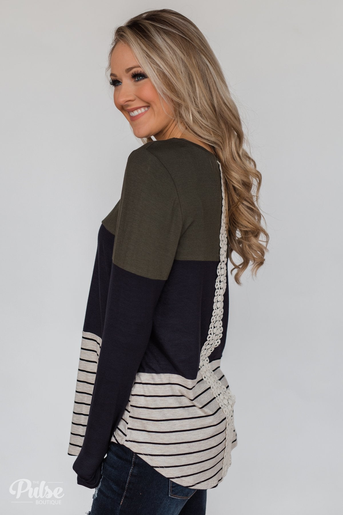 Party in the Back Lace Detail Top- Olive & Navy