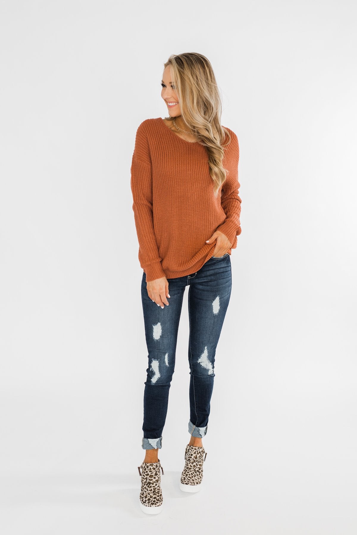 Xoxo Open Back Twist Sweater- Rust