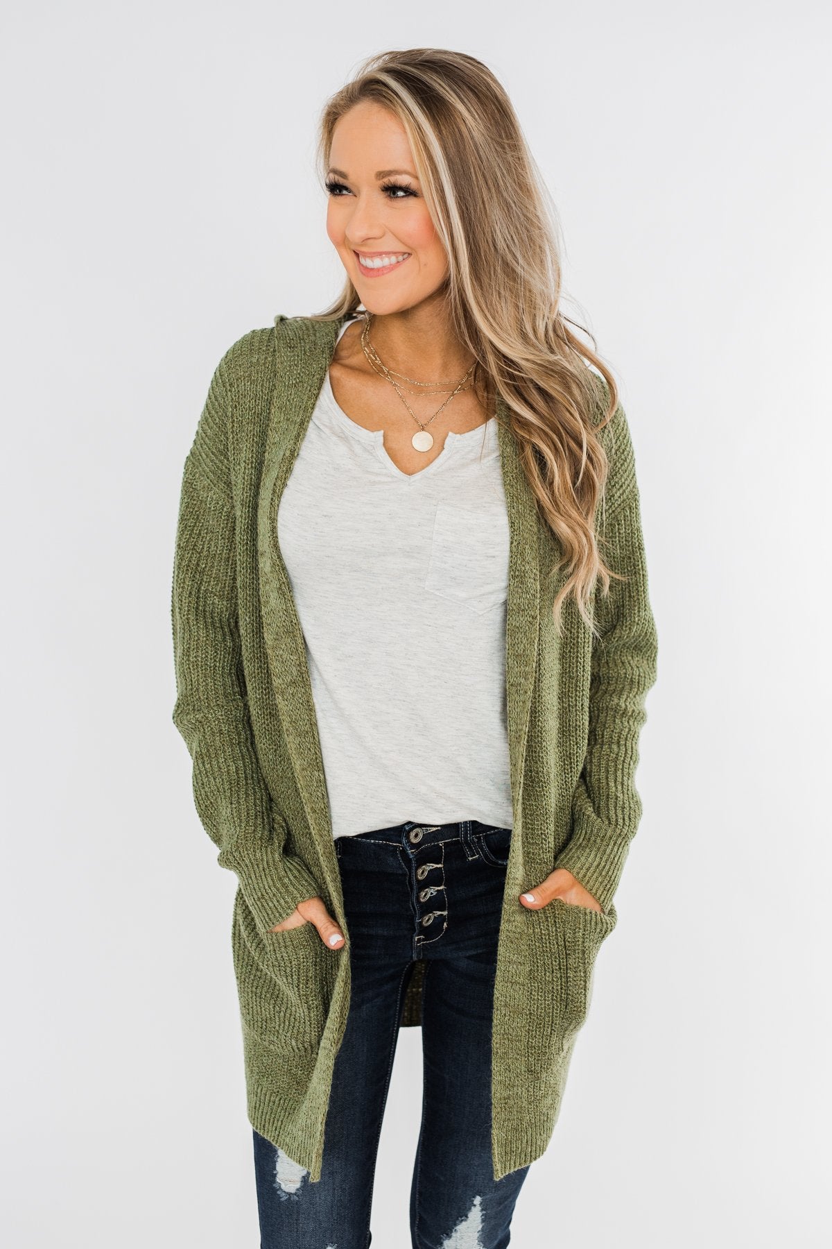 Cozy For The Season Hooded Cardigan- Olive