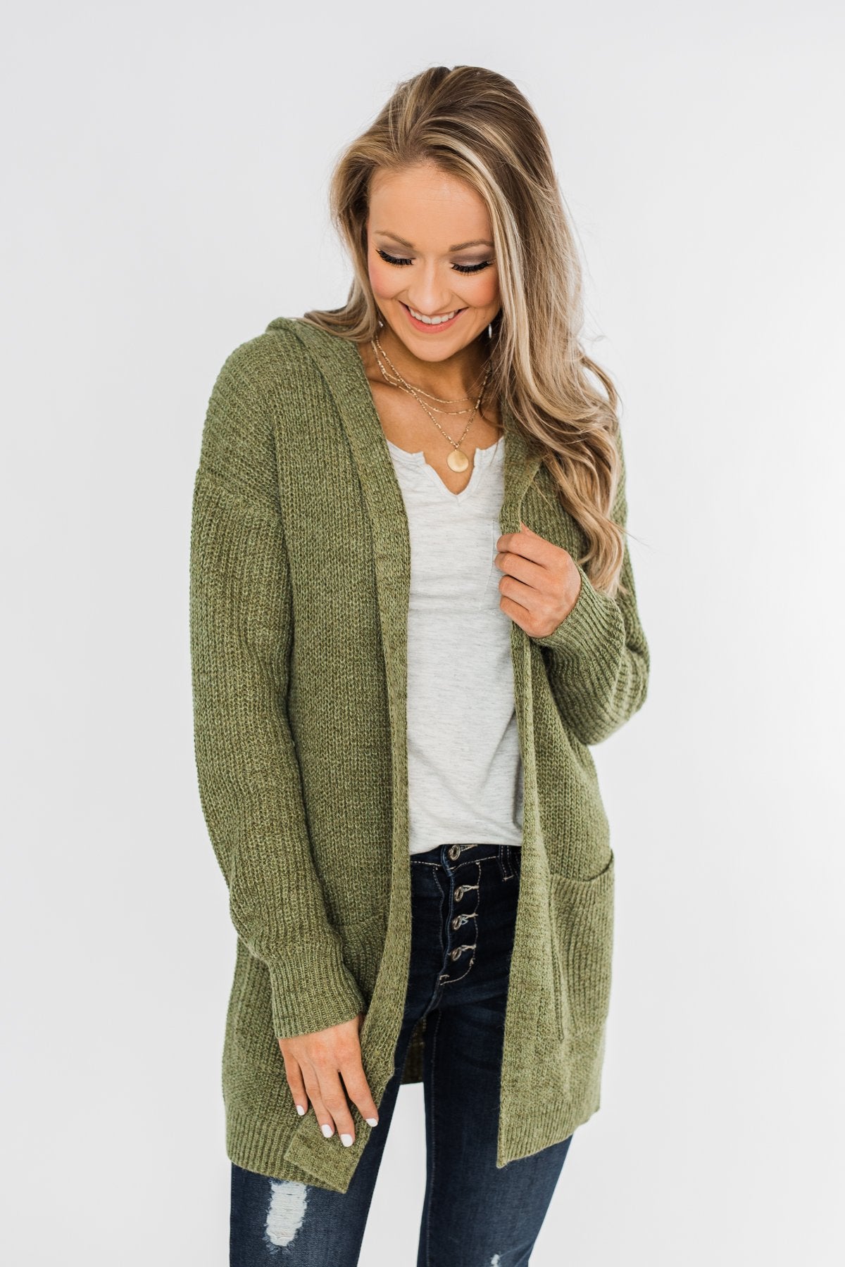 Cozy For The Season Hooded Cardigan- Olive