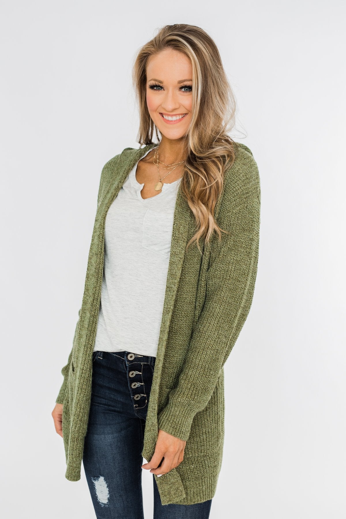 Cozy For The Season Hooded Cardigan- Olive