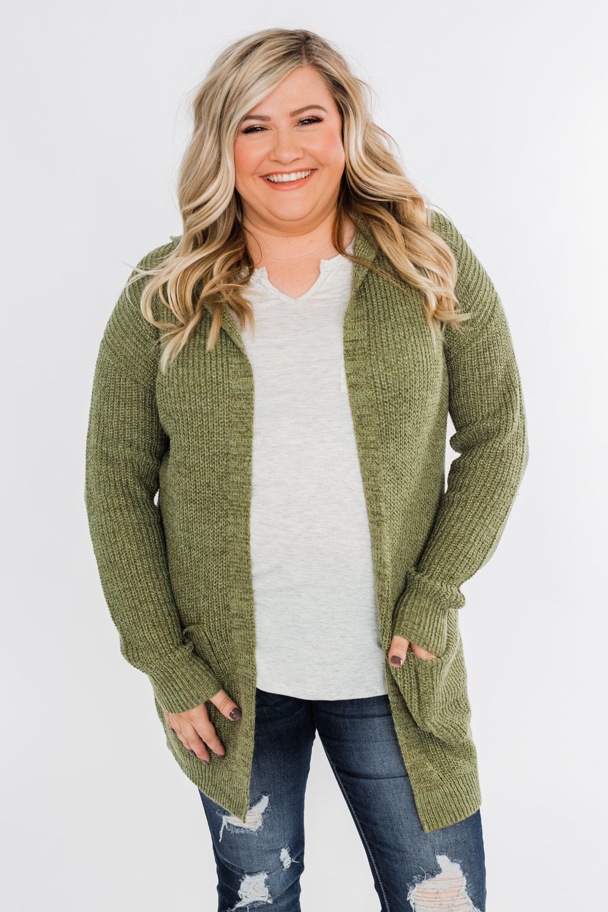 Cozy For The Season Hooded Cardigan- Olive